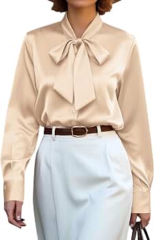 Front Tie Neck Blouse for Women with Bow Shirt Silk Tops Dressy