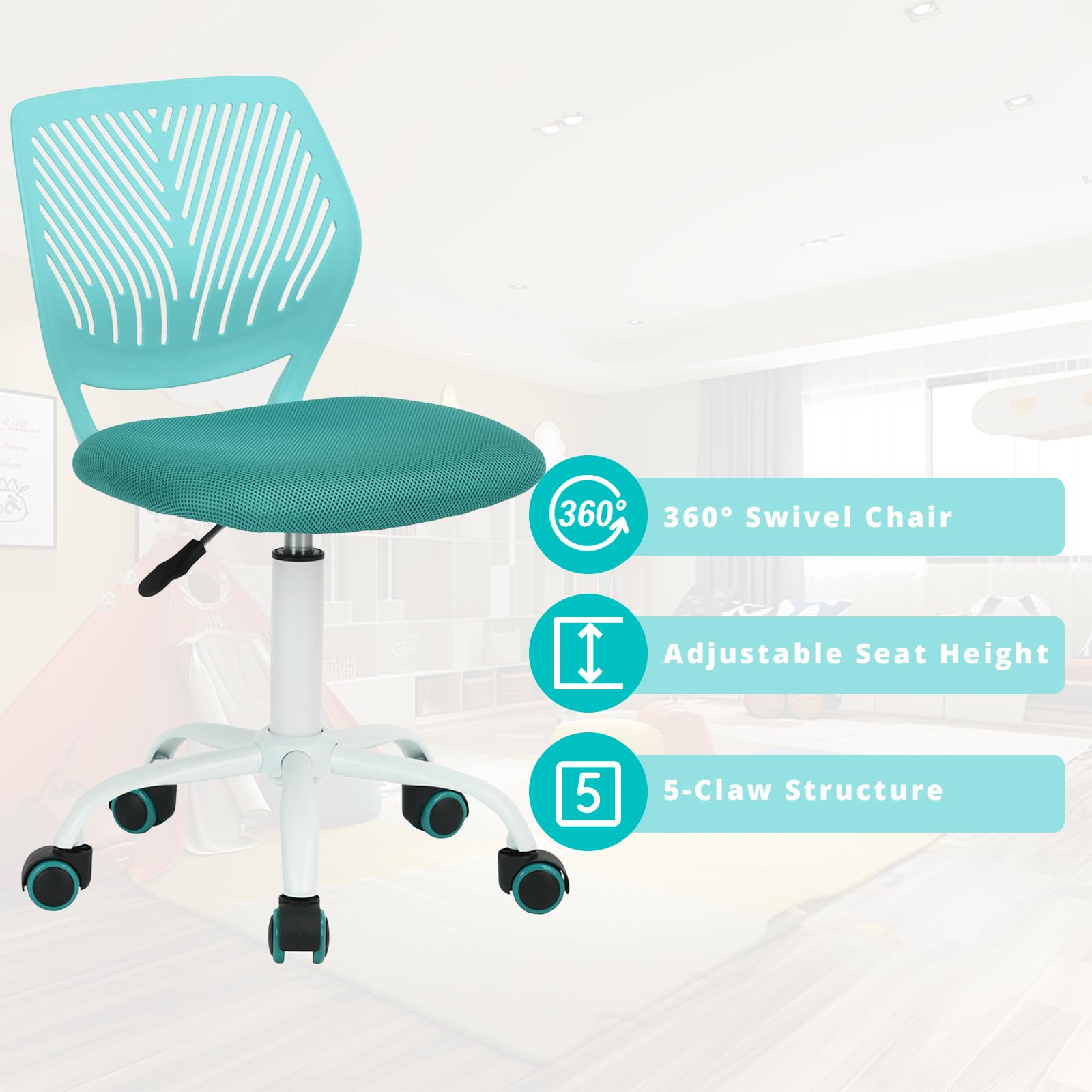 FurnitureR Moderne sans Bras pour Enfants-Chaise de Bureau réglable et pivotante pour écrire à la Maison-Turquoise, Plastique Métal, 38,5CM x40CM x75-87CM