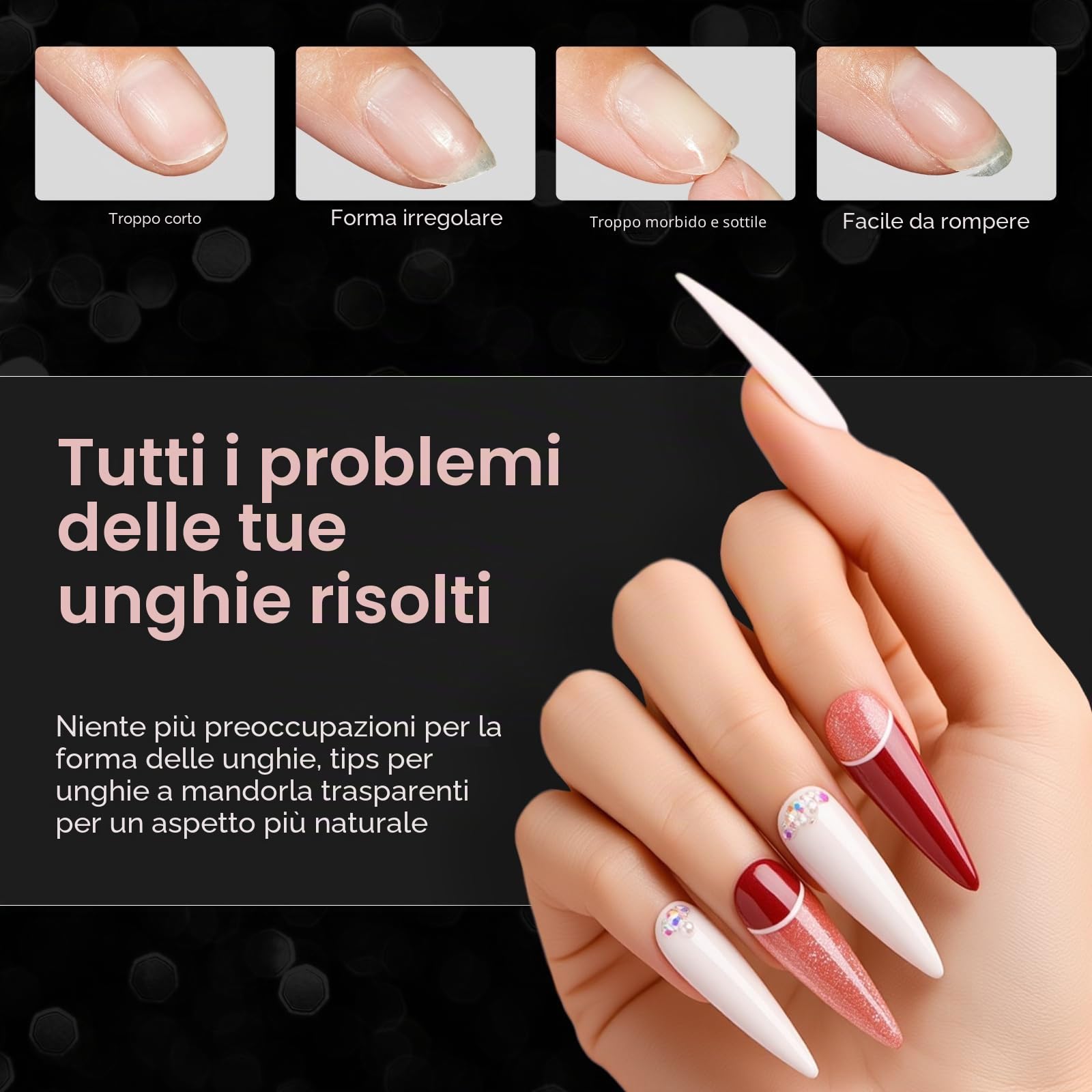 Makartt Long Almond Unghie Finte, 500 pezzi Tip in Gel per Unghie Trasparenti, Resistenti e Flessibili, Copertura Totale, Adesione Forte, Ideali per Ricostruzione e Gel Extensions