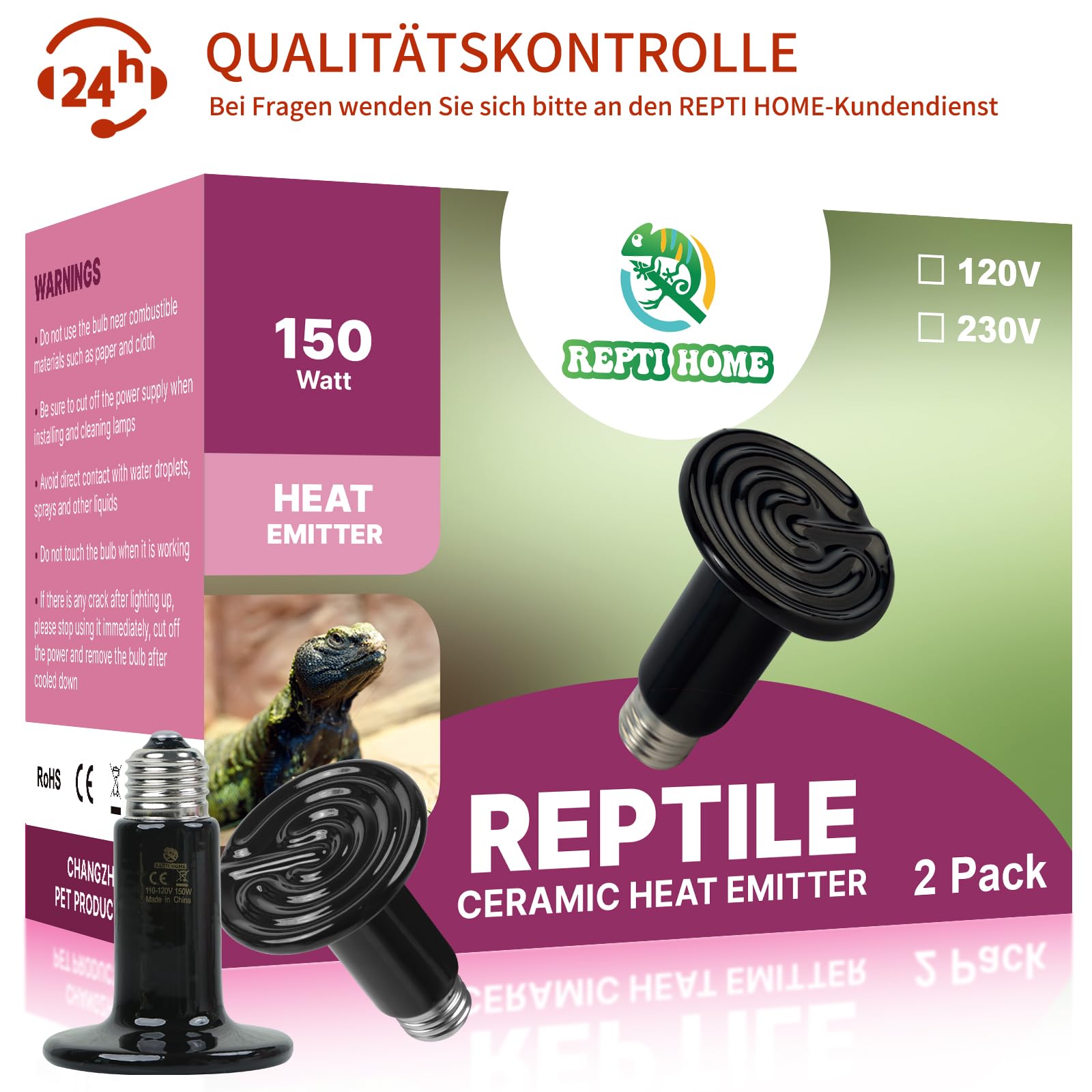 Emisor de Calor Cerámico 150W (2 Pack), Bombillas de Calor para Reptiles, Calentador Cerámico para Tortugas, Gallinas, Perros