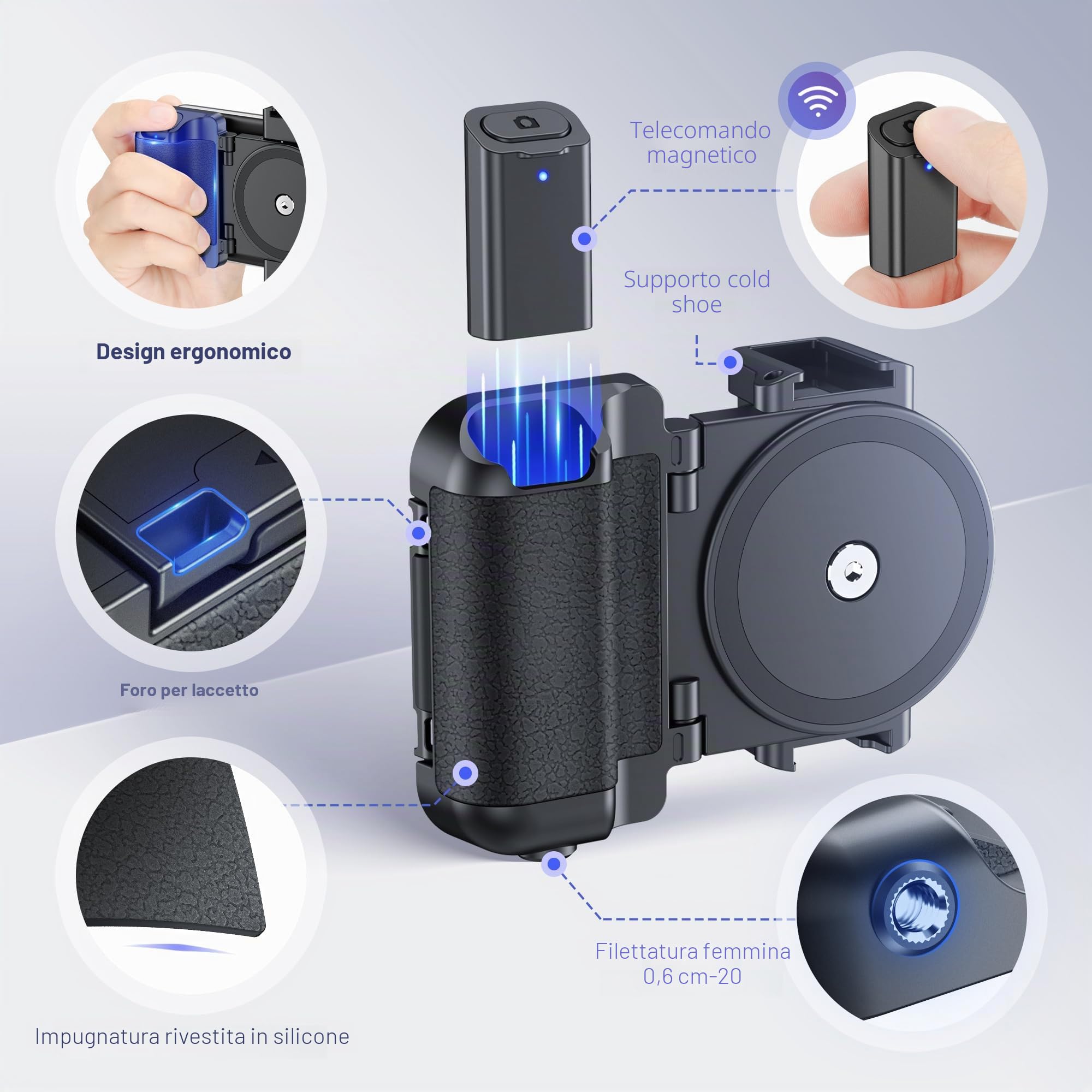 Impugnatura Compatta Smartphone Grip con Wireless Telecomando Bluetooth Staccabile Doppio Supporto Freddo 1/4-20 Vite Compatibile con iPhone 16 15 14 13 12 11 Galaxy PIXEL MATE per Foto Vlog (Nero)