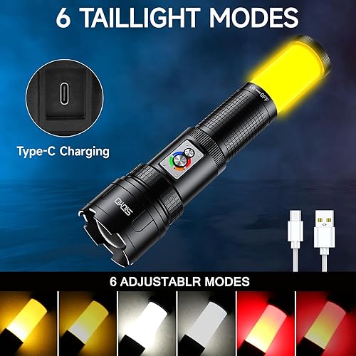 Miniatura 5 de Linterna recargable de alto lúmenes, táctica, 200000 lúmenes, potente luz de flash COB, luces de flash impermeables IPX4 con zoom para emergencia,