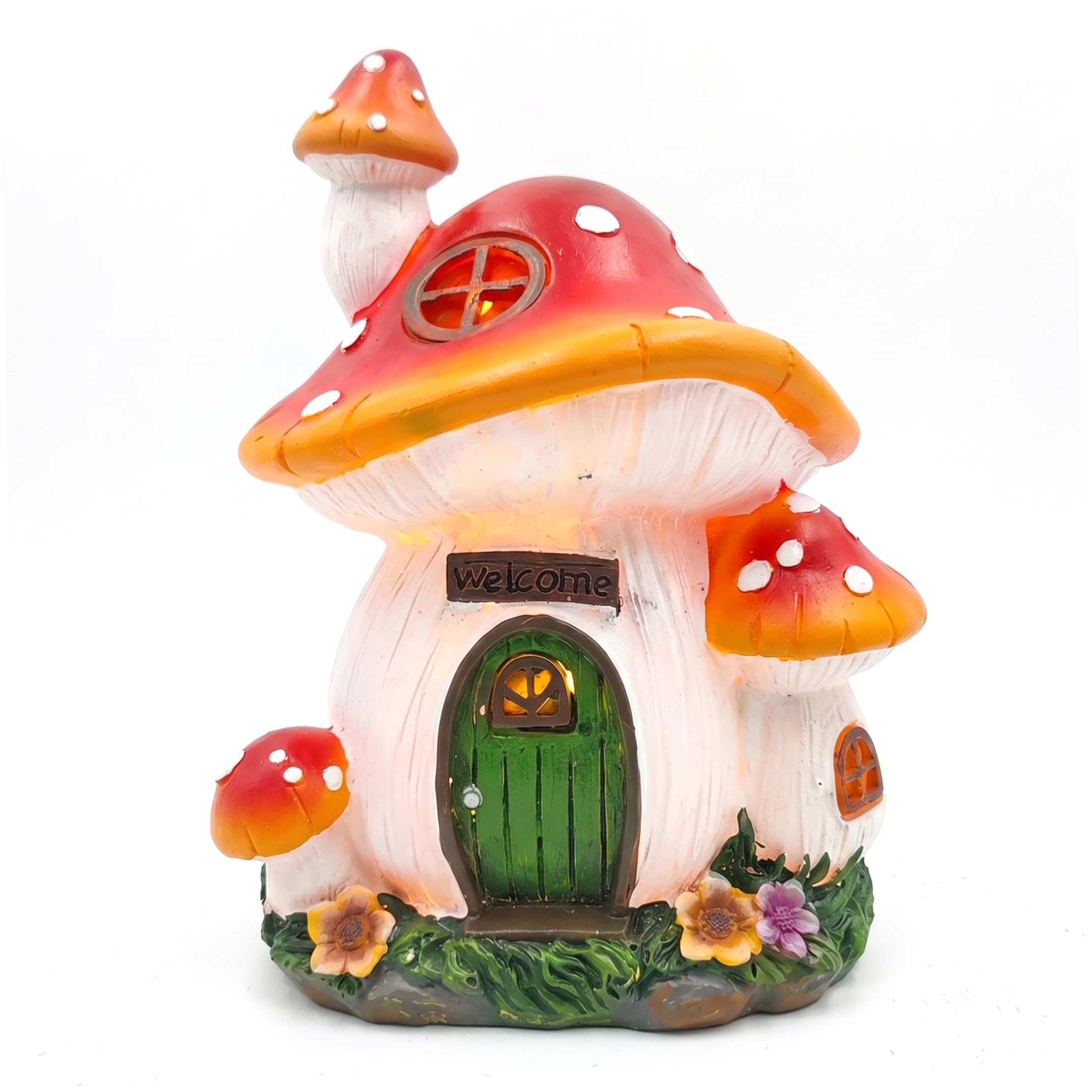 Striegro Solar Fairy House, Cute Solar Garden Decor Light-Up Resin Mushroom Statue with Door for Garden/Yard/Lawn/Pathway/Outside (9 Inch).