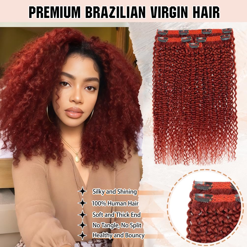 4Pcs Afro Kinky Curly Clip in Hair Extensions Real Human Hair, 20 Inch 80g Copper 350#, Lace Invisible Seamless & Thicken, 4B 4C Remy Clip Ins for Women