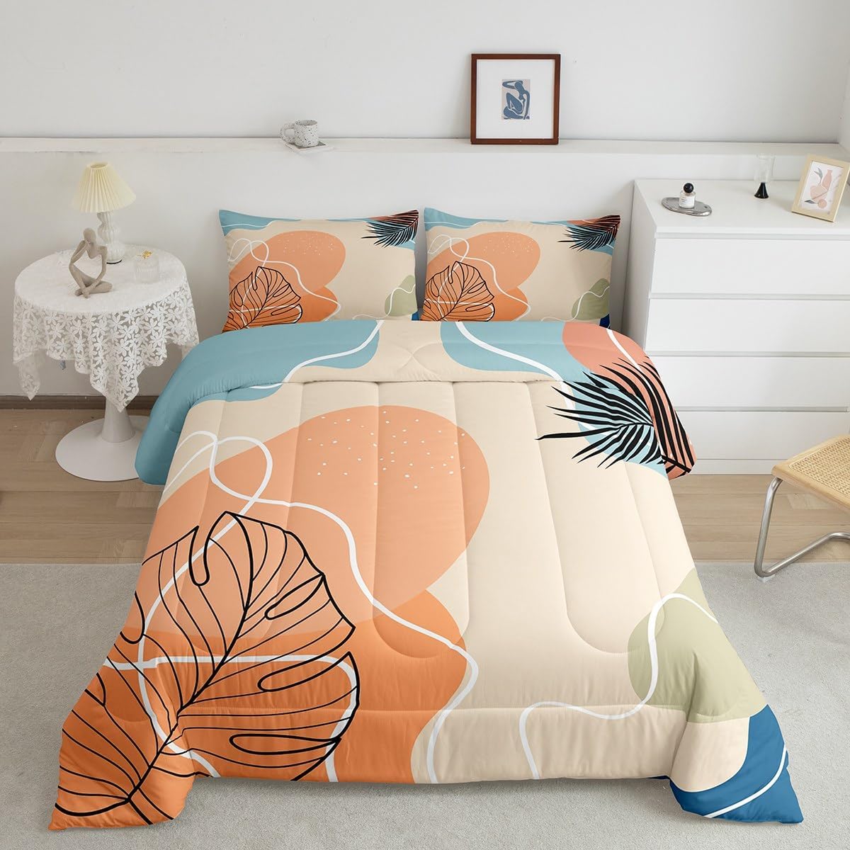 Erosebridal Palm Tree Leaves Comforter King Tropical Botanical Bedding Comforter Sets Hawaiian Monstera Banana Leaf Quilt Duvet Summer Retro Plant Foliage Bedding Gold Green Rainforest Room Decor