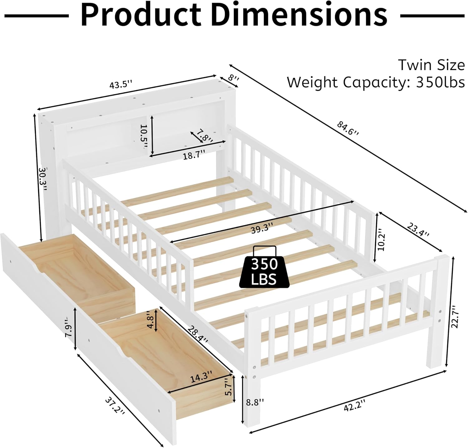 LUMISOL Twin Bed Frame with Fence Rails & 2 Drawers, Solid Wood Bed Frame with Side Shelf and Storage Headboard, Twin Daybed Frame with Storage, Montessori Bed for Teens, White
