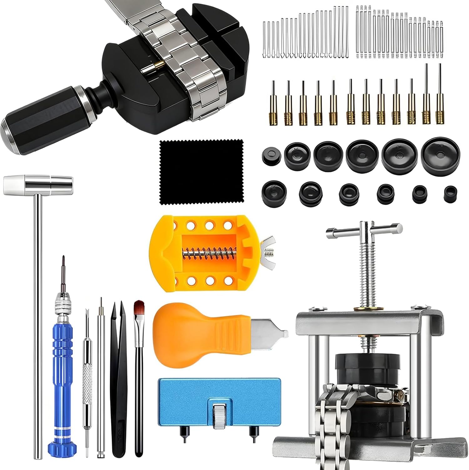 81-Piece Watch Repair Tool Kit, Professional Watch Press Machine with Watch Link Remover, Multi-functional Watch Back Case Opener Closer Set for Battery Replacement, Band Adjustment, and Back Cover Sealing