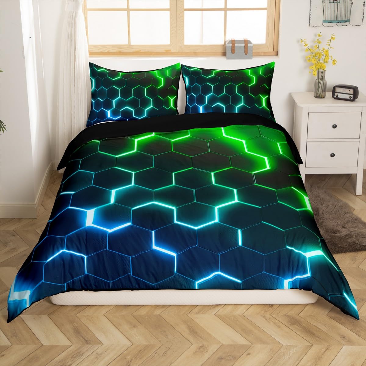 Homewish King Bedding for Teenage Boy Modern Honeycomb Duvet Cover Set for Kids Adults Blue Green Gradient Bedding Sets for Boys Girls Modern Geometric Hexagonal Duvet Cover Bedroom Decor - Image 2