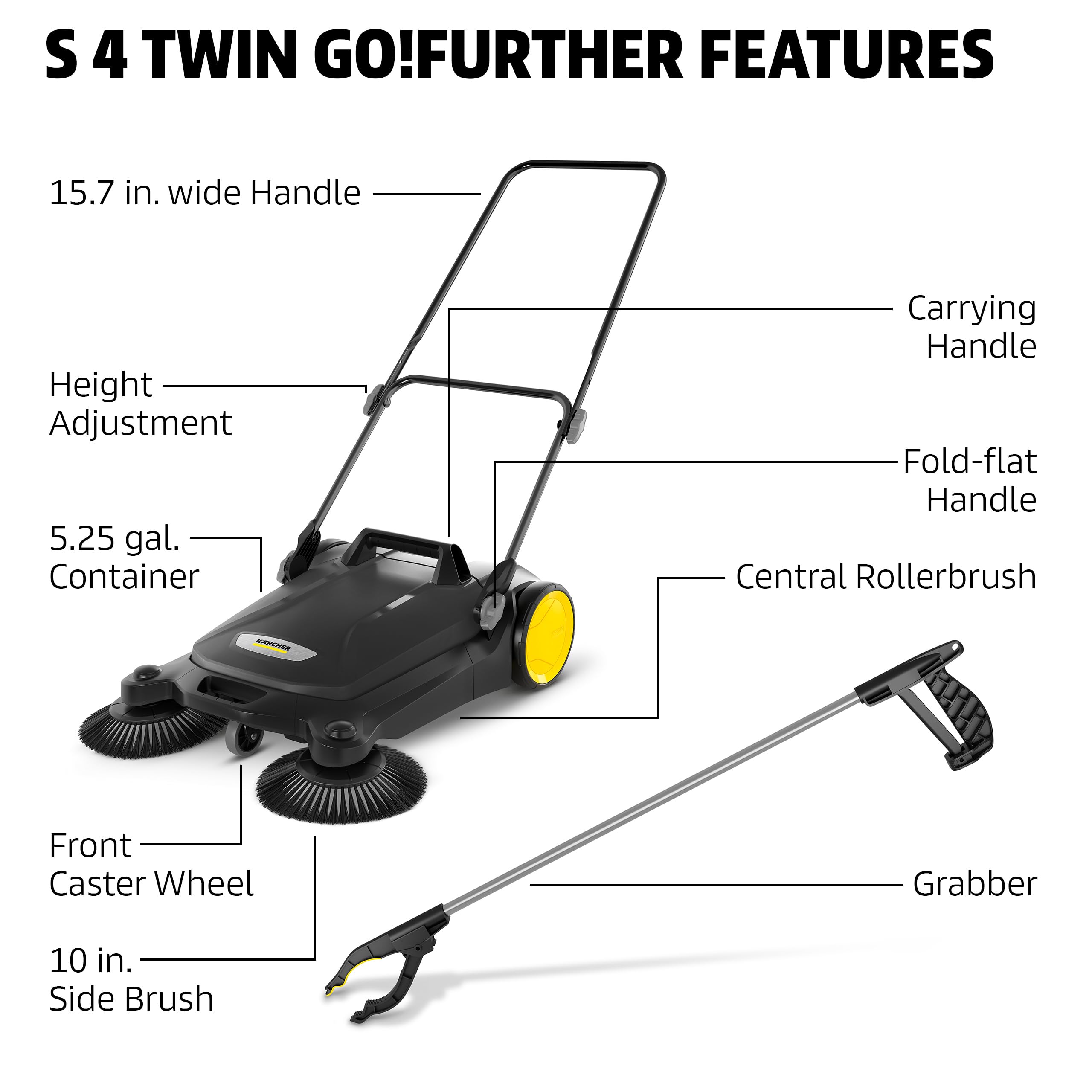 Kärcher Spazzatrice manuale S 4 Twin eco!Power per officine, marciapiedi, vialetti o garage con raccogli detriti, capacità 20 LITRI, larghezza spazzata 68,1 cm