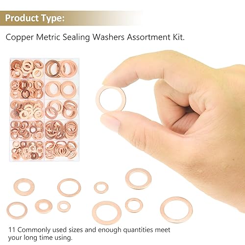 Miniatura 6 de Kindroufly 320 arandelas planas métricas de cobre, arandelas de sellado, arandelas de cobre de 11 tamaños, kit surtido de arandelas de metal (M5 M6