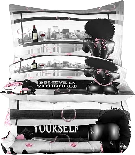 Miniatura 4 de LUVIVIHOME Juego de edredón de 2 piezas para niña negra, tamaño individual, ropa de cama sexy con flores rosas para mujer, decoración moderna de