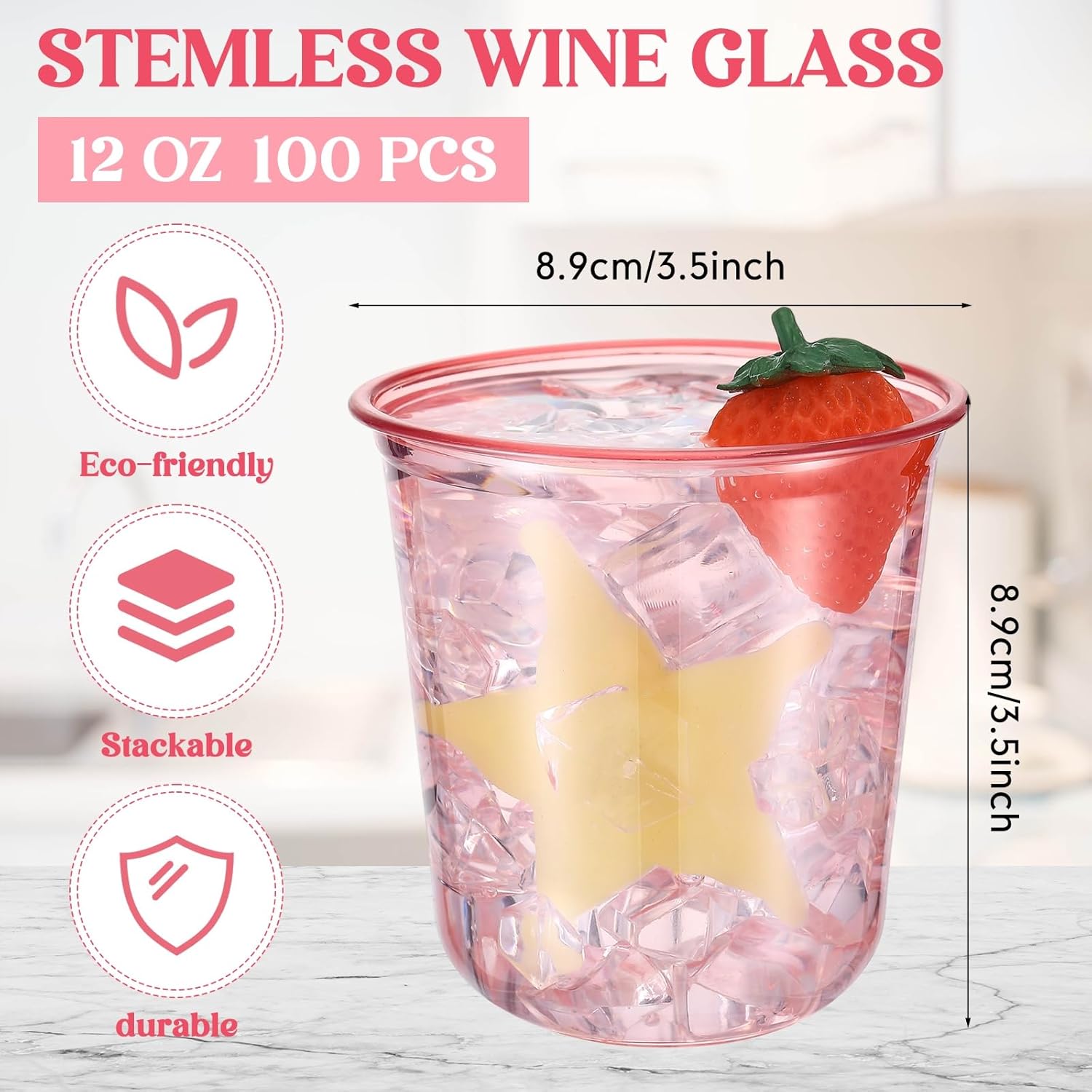 100 Pcs Disposable Stemless Glasses 12oz Crystal Plastic Wine Glasses Clear Classic Pet Cup for Meeting Weddings Birthdays Cocktail Christmas Party Supplies (Pink) - Image 3