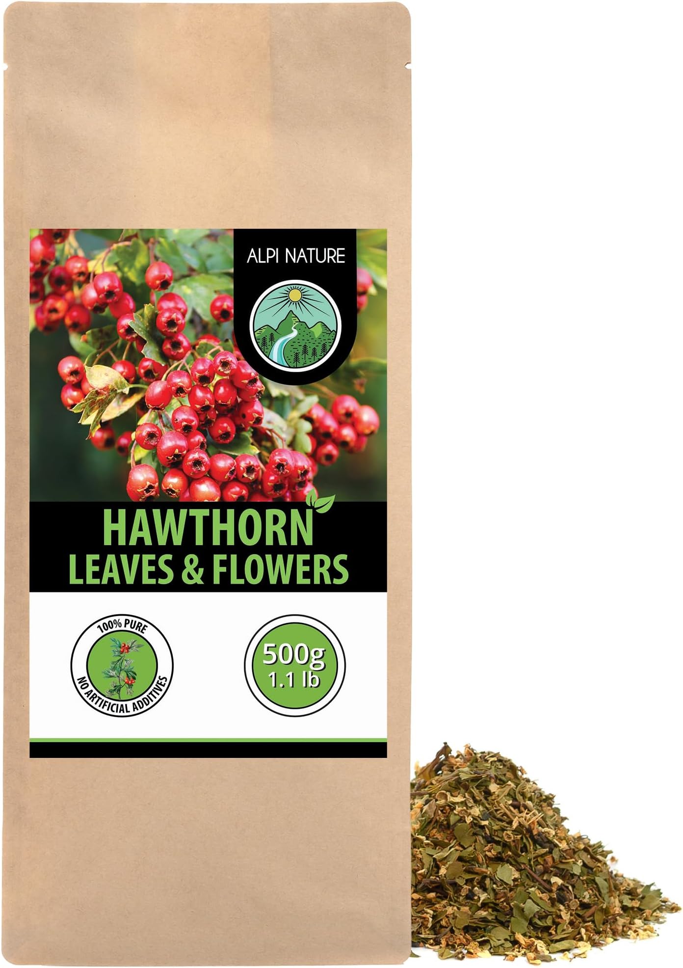 Alpi Nature Hawthorn Tea 500g 1.1 lb, Loose Leaf Tea, Dried and Cut Hawthorn Leaves and Flowers