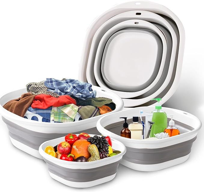 Bestdin Collapsible Washing Up Bowl 3 Pack, Durable Wash Basin with 3 Pcs Hook, Plastic Grey