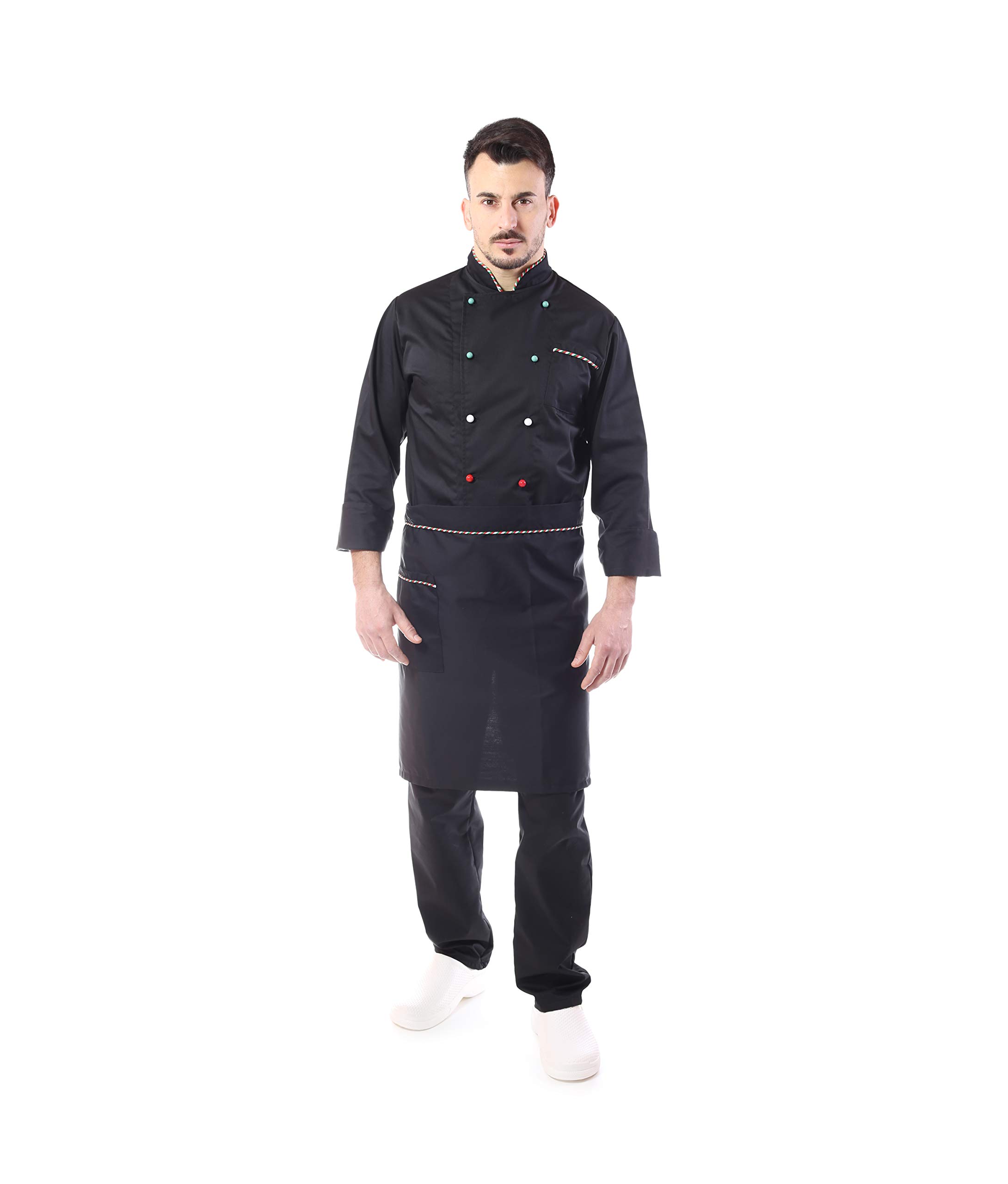 Ricamo Gratuito, completo cuoco nero Italia, divisa uomo chef, 3 PZ, giacca pantalone davantino, per cucina e ristorante, Made in Italy