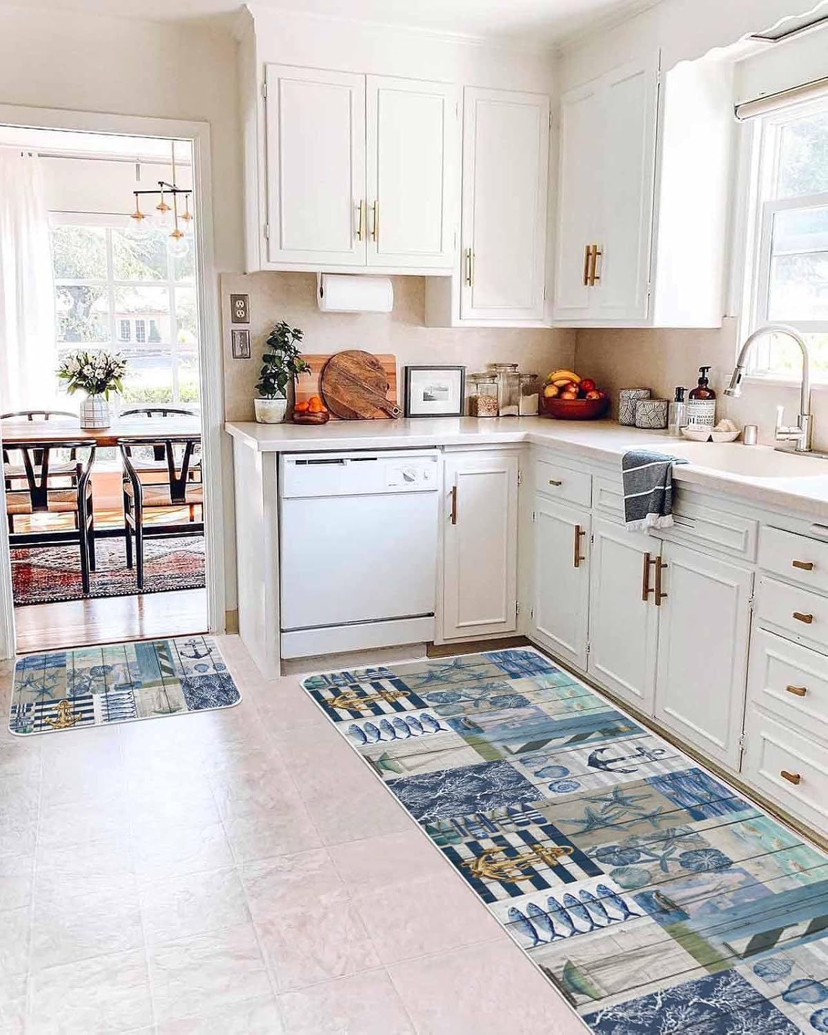 Summer Nautical Kitchen Rugs Set of 2 Blue Starfish Shells Anchor Boat Patchwork Wood Comfort Standing Mats Washable Cushioned Non Slip Kitchen Runner Rugs Set for Home Floor Sink Laundry Office
