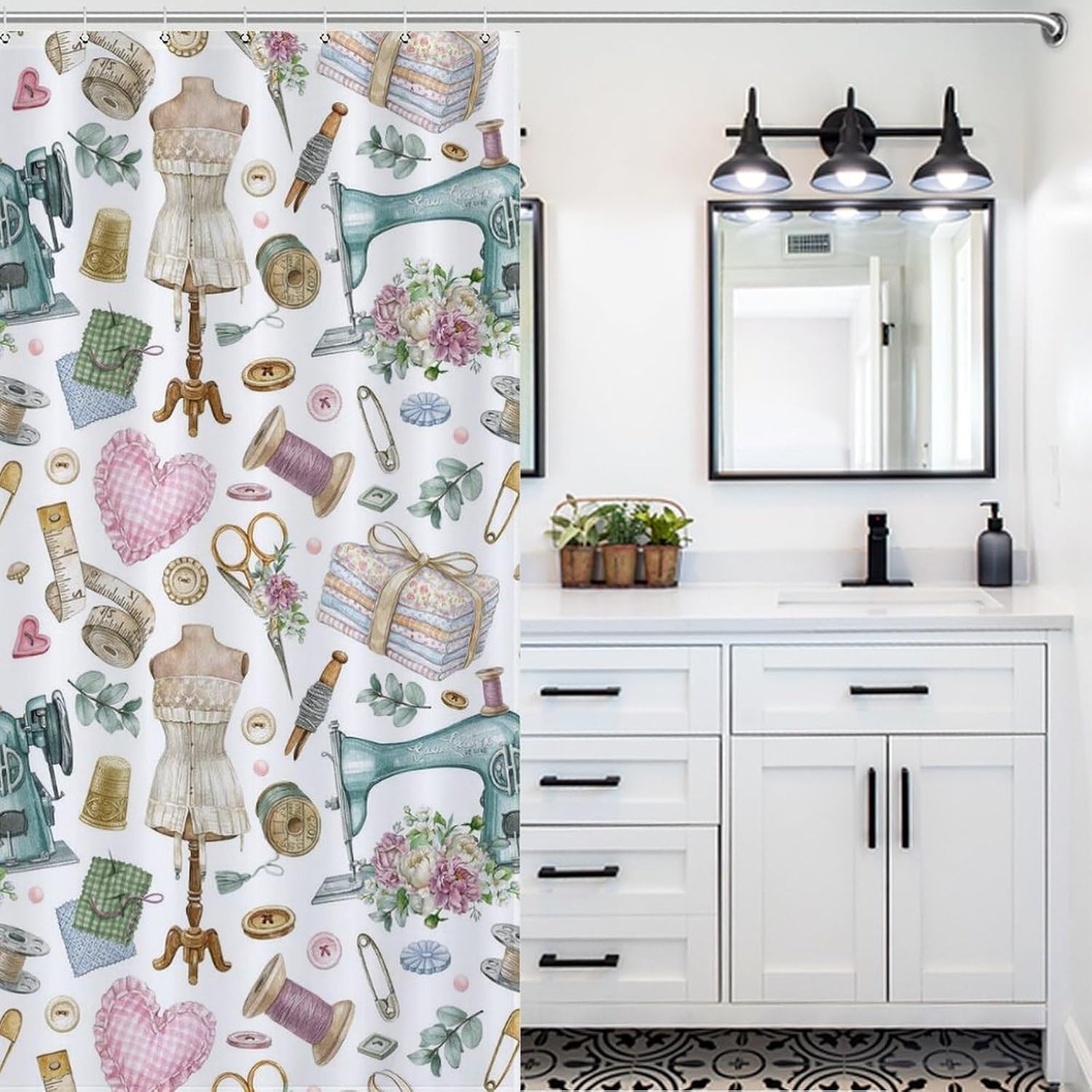 Sewing Theme Shower Curtain,Vintage Sewing Machine Tool Watercolor Pattern Print Bathroom Bathtubs Curtains Cloth Fabric Home Decor with Hooks Set,66x72Inch