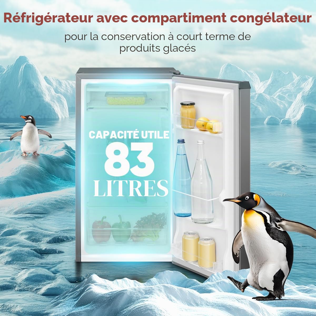 Bomann Réfrigérateur Congélateur 83 L KS 7257, Silencieux, Gris | silencieux, 2 étagères, compartiment à légumes, contrôle 0-8 °C, éclairage LED, compact