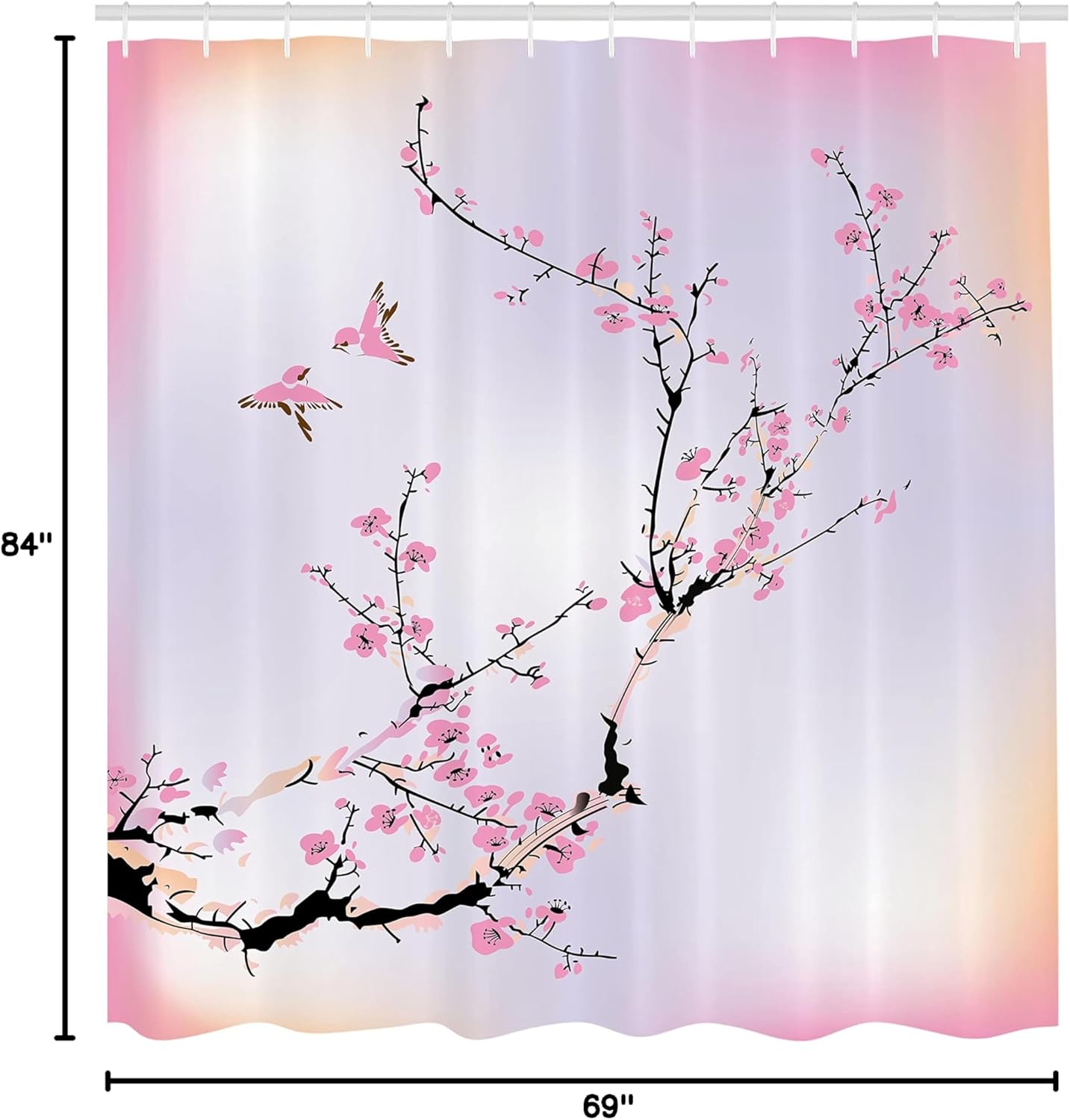 Ambesonne Nature Shower Curtain, Flowers Buds and Birds with Cherry Branches Style Artwork Painting Effect, Cloth Fabric Bathroom Decor Set with Hooks, 69" W x 84" L, Pastel Purple