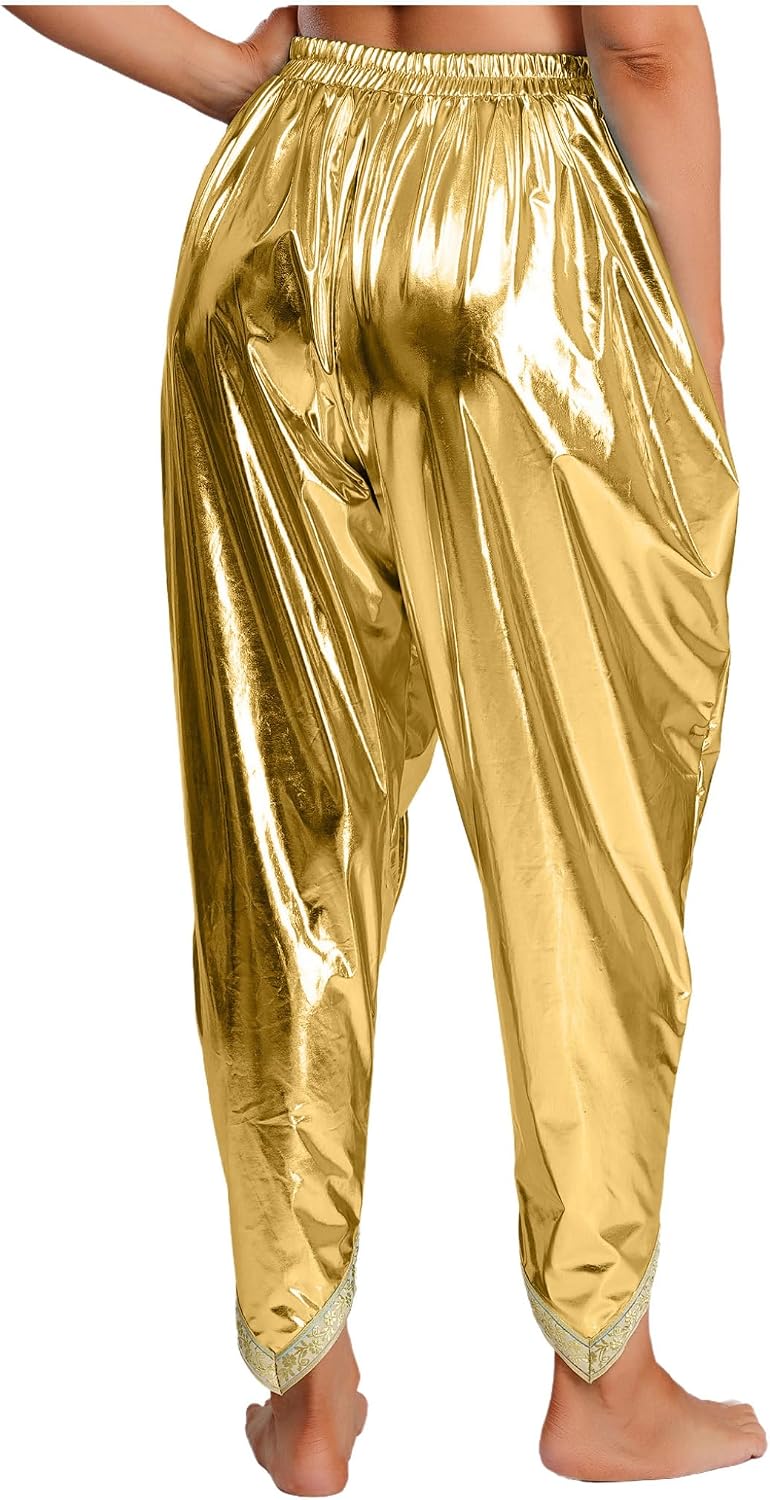 Mufeng Women's Metallic Shiny Dhoti Pants Indian Gold Brocade Trim Arab Baggy Harem Palazzo for Party