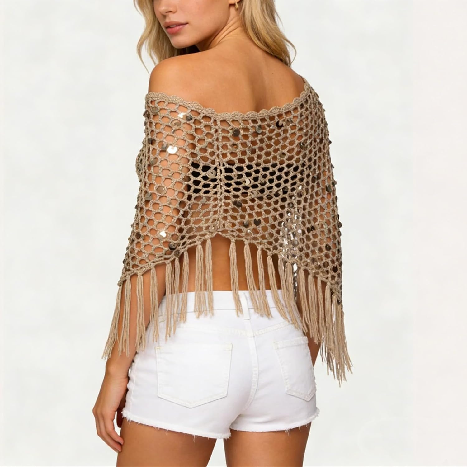 Women Sheer Poncho Tops Crochet Knit Tassels Sequin Shrug Bolero Hollow Out Cover Ups Pullover Shawl - Image 3