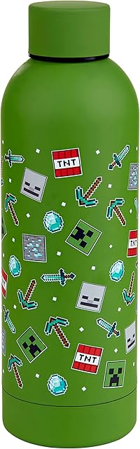 Minecraft Stainless Steel Water Bottle | Durable | Lightweight | Adults | Kids | BPA Free | Mobs Diomonds Green | 800 ML