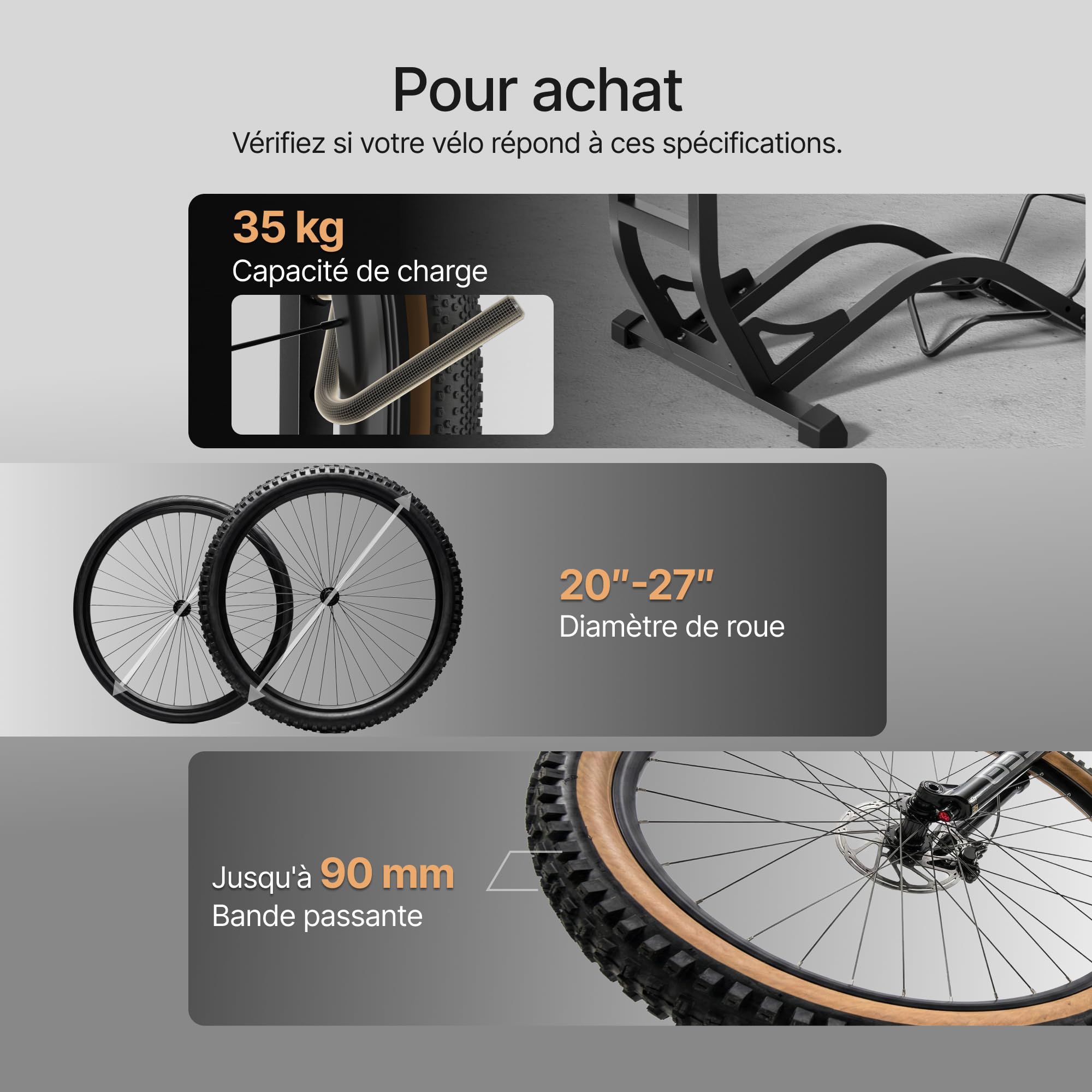 PEGZONE Support Vélo Vertical Gain de Place, Charge 35 kg, Noir | Support au Sol pour Vélos 20 à 27 Pouces et Pneus jusqu'à 90 mm, Hauteur Réglable, VTT et Vélo de Route