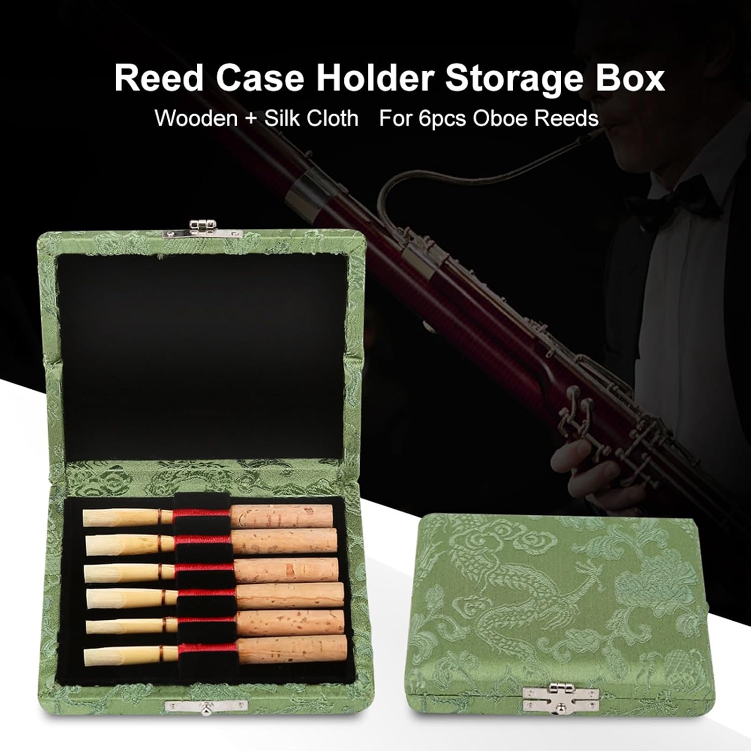 Oboe Reeds Case, 3.54 x 3.15 x 0.78in Oboe Case, Portable Silk Wood Reeds with Double Sided Ventilation Hole for Storing and Protecting 6Pcs, Green image 3