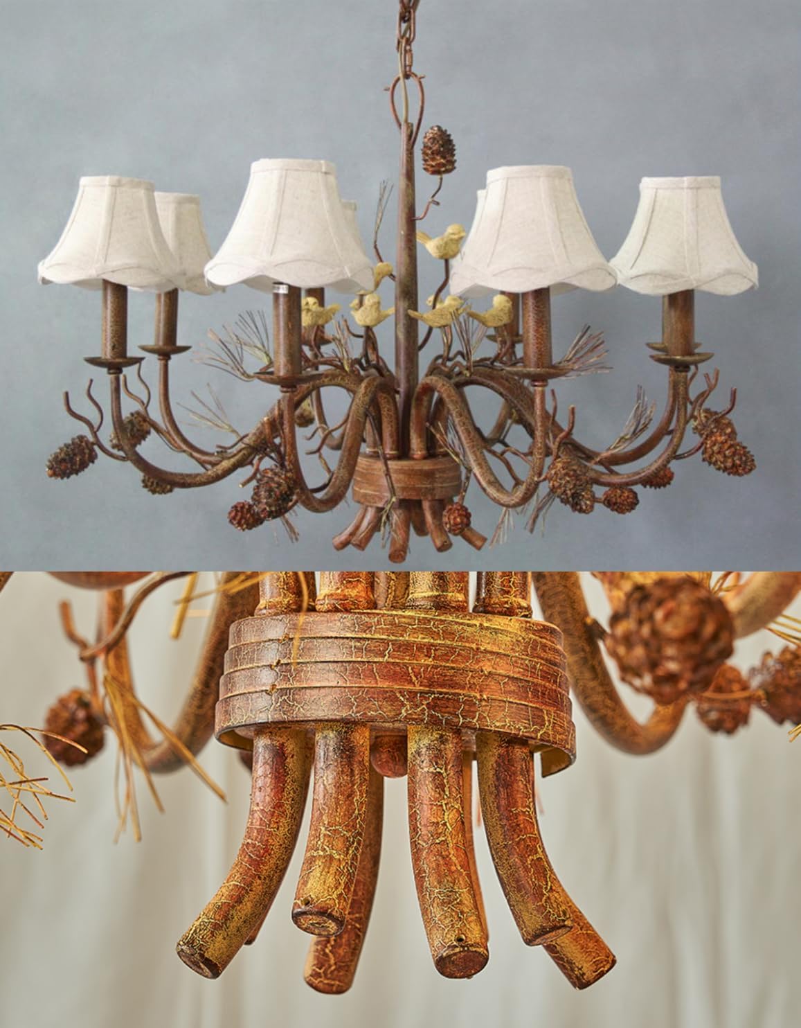 Rustic Chandelier 6 Light Bird Ceiling Light Fabric Shade Light Fixture Traditional Farmhouse Chandelier Retro Branch Pendant Light with Pine Cone Decor - Rural Red Brown