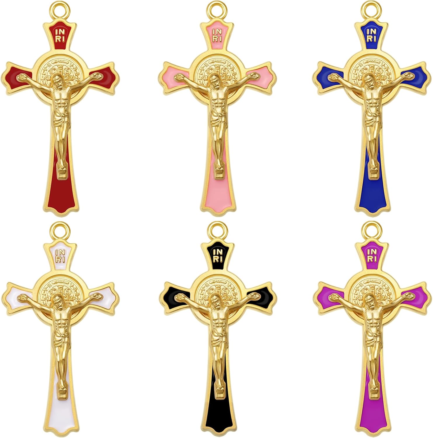 12Pieces 6Colors Metal Enamel Religion Saint Benedict Cross Charm Rosary Center INRI Crucifix Pendant for DIY Necklace Bracelets Key Chain Jewelry Making Supplies