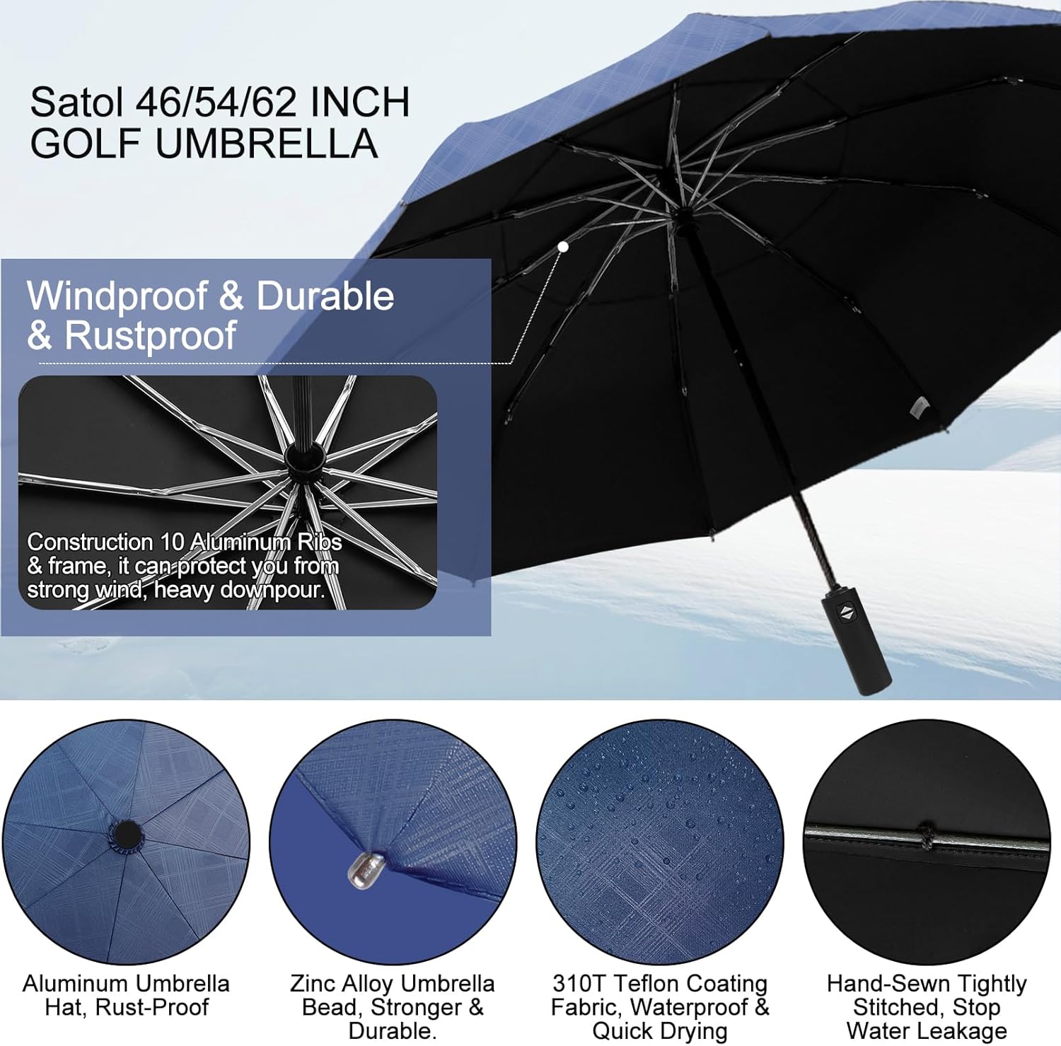 Satol 46/54/62 Inch Large Golf Umbrella, Windproof 10 Ribs Automatic Open/Close Oversize Double Canopy Vented Portable Folding Travel Umbrellas, UPF 50+ Sun & Rain Compact Umbrellas for Outdoor