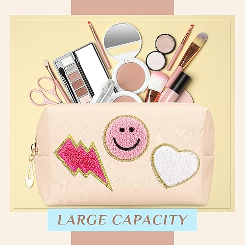 Miniatura 5 de Sanwuta 20 bolsas de maquillaje de piel sintética a granel para cosméticos, organizador de letras de chenilla, bolsa de aseo de corazón sonriente,