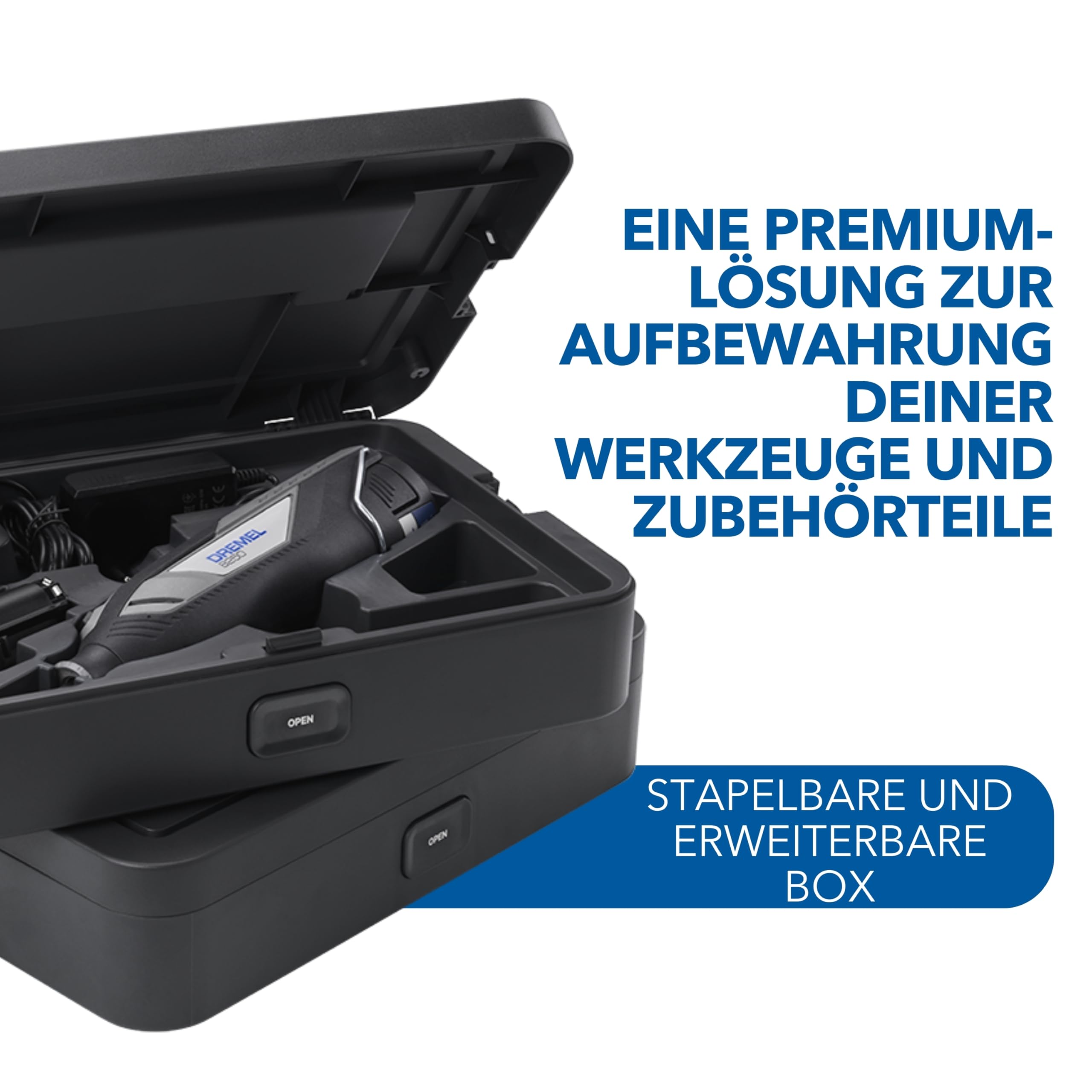 Dremel Box zur Werkzeugaufbewahrung mit 6 Trennwänden und Zubehörhalter, individuell anpassbarer Organizer für Multitool-Zubehör, Kleinteile, kompaktes & stapelbares Aufbewahrungssystem Baumarkt