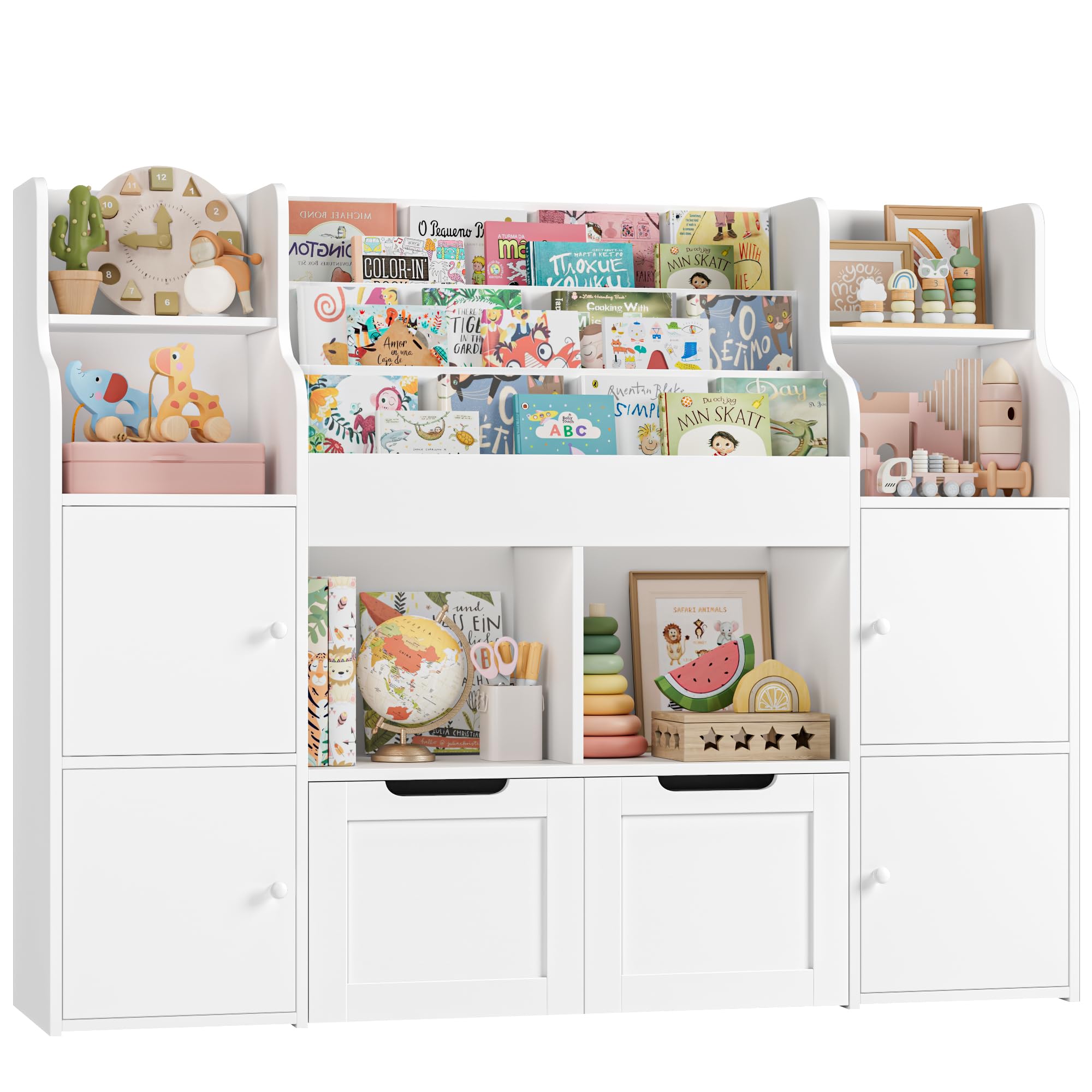 FOREHILL Scaffale Portagiochi Bambini, Libreria per Bambini a 6 Scomparti Aperti e 4 Ante, Mobile Giochi a 2 Cassetti su Ruote, per Cameretta e Stanza dei Giochi, 122x30x100cm Bianco