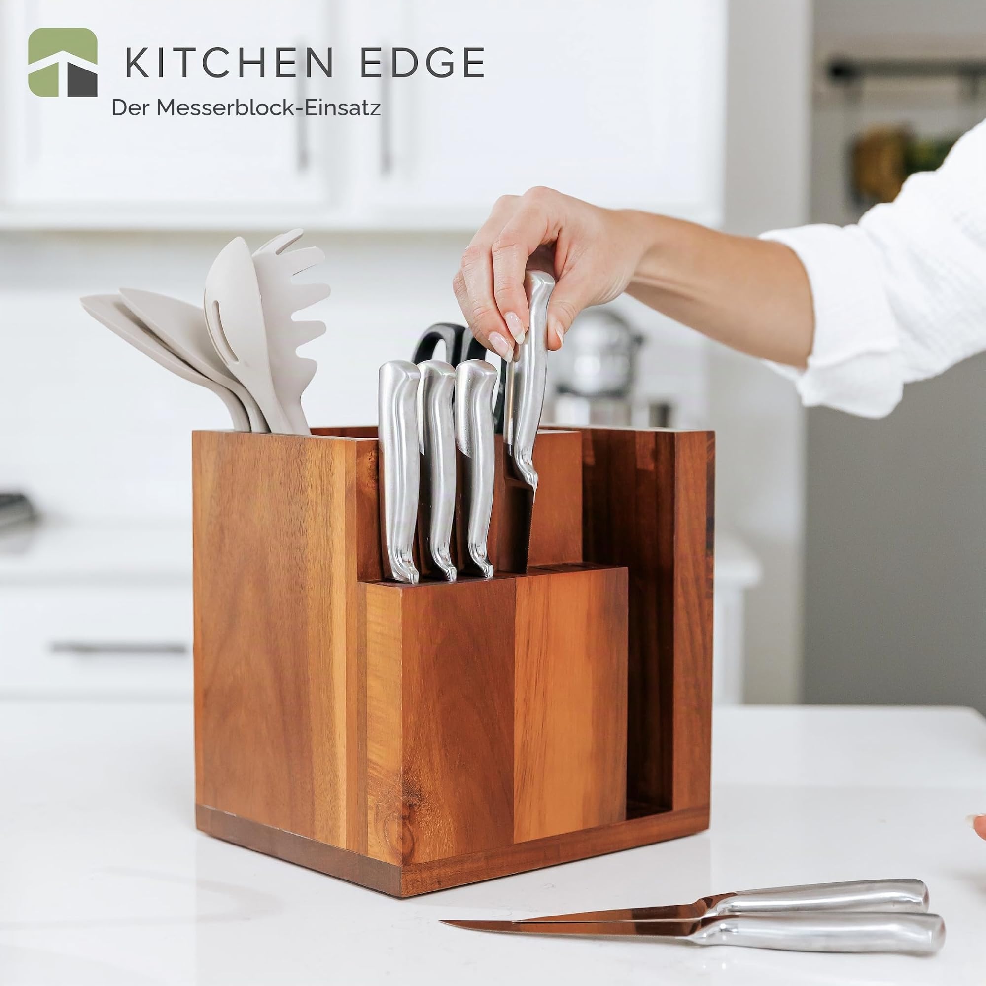 KitchenEdge Magnetischer Akazienblock für Messer und Küchenutensilien, elegante Aufbewahrung für Kochmesser, Steakmesser, Spatel, Schere, rutschfeste Gummifüße