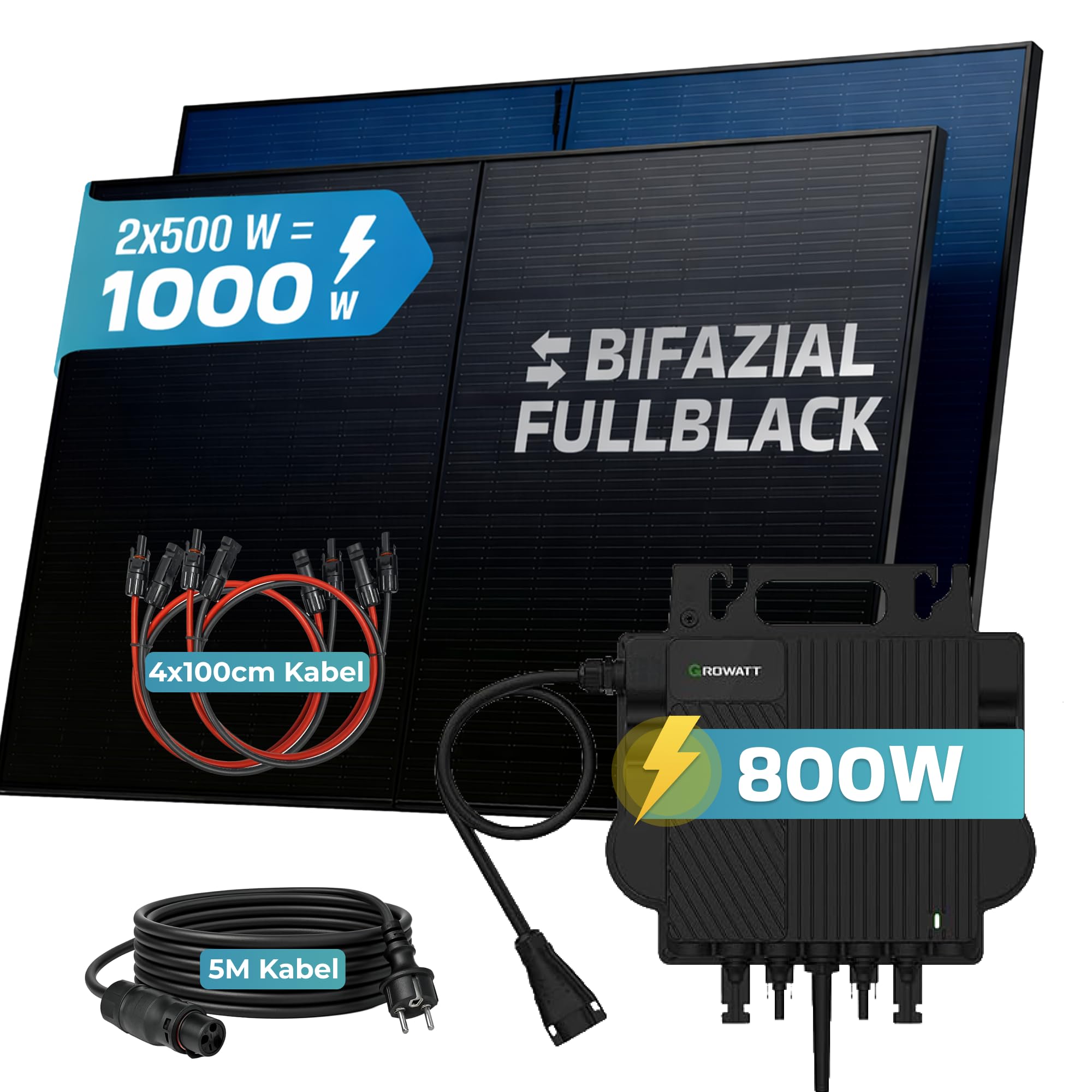 SUNNIVA® 1000W Balkonkraftwerk BIFAZIAL FULLBLACK komplett Steckdose GROWATT NEO-800M-X 800 Watt Wechselrichter, Solaranlage Komplettset, 2x 500W N-Type Glas Bifacial Solarmodule, 5m Kabel