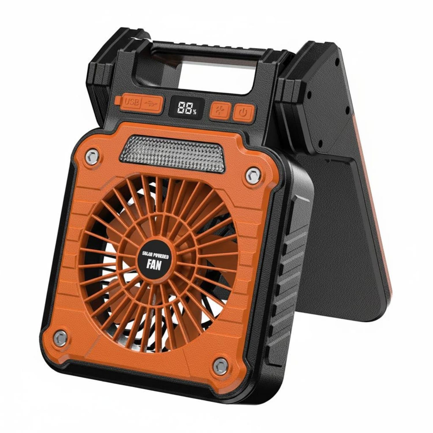 LED Light Strip Portable Solar Fan Carry Handle Solar-Powered Fan Digital Display Outdoor Device Fold-Out Base, Orange-image-34