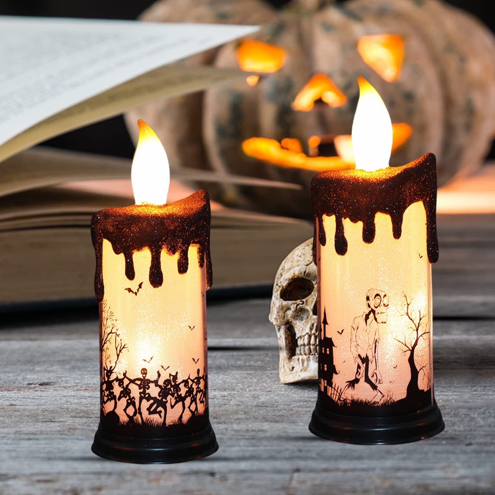 Candele per Halloween, 3 candele a LED senza fiamma, decorazione per Halloween, con telecomando, timer, funzionamento a batteria, in vera cera con pistrello, strega, zucca, decorazione per Halloween