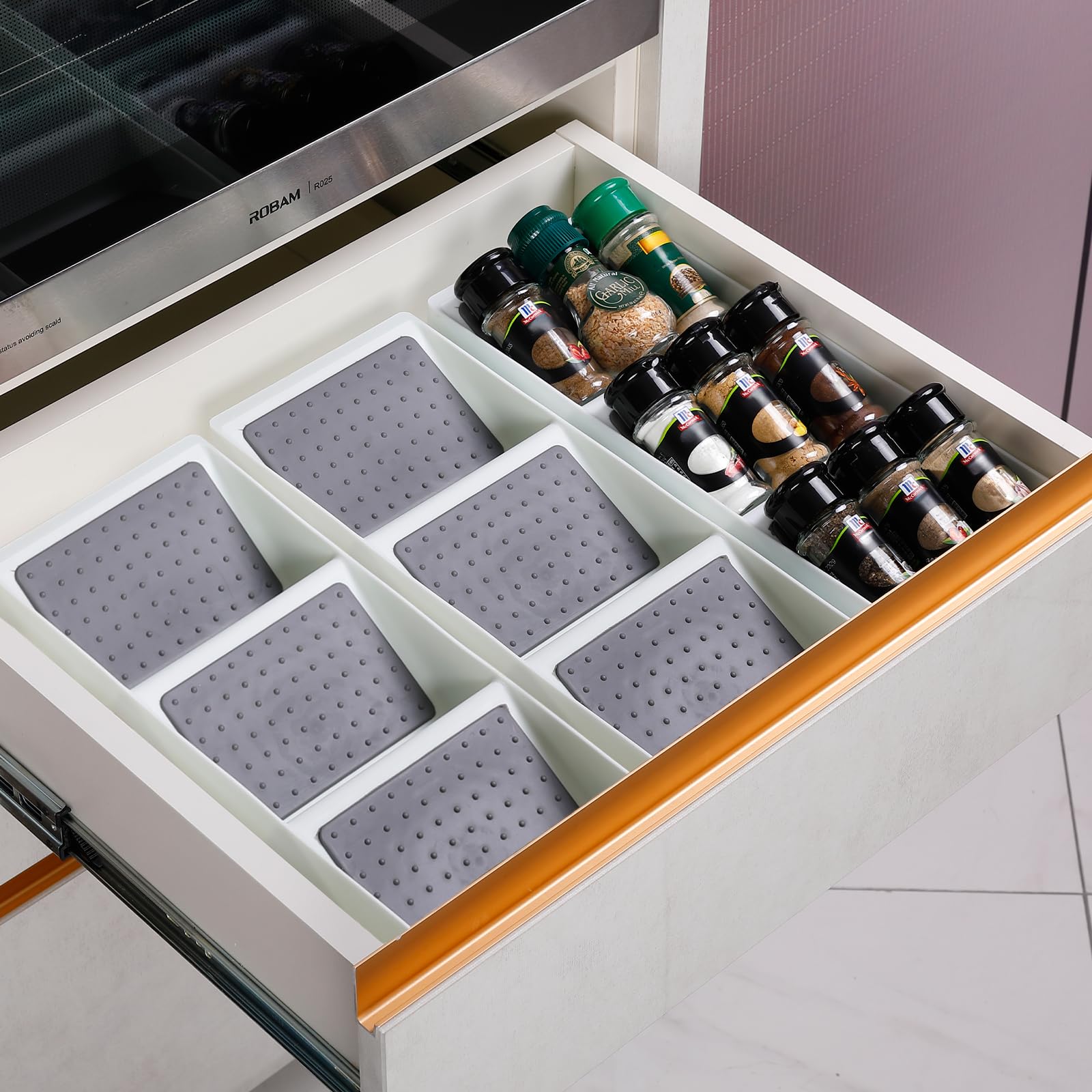 ideamake Spice Drawer Organizer, 3 Tier Non-Slip Silicone Seasoning Jars Drawer Insert, Spice Rack Organization for Drawer, Kitchen Spice Rack Tray for Cabinet Countertop Makeup Storage-1 Pack