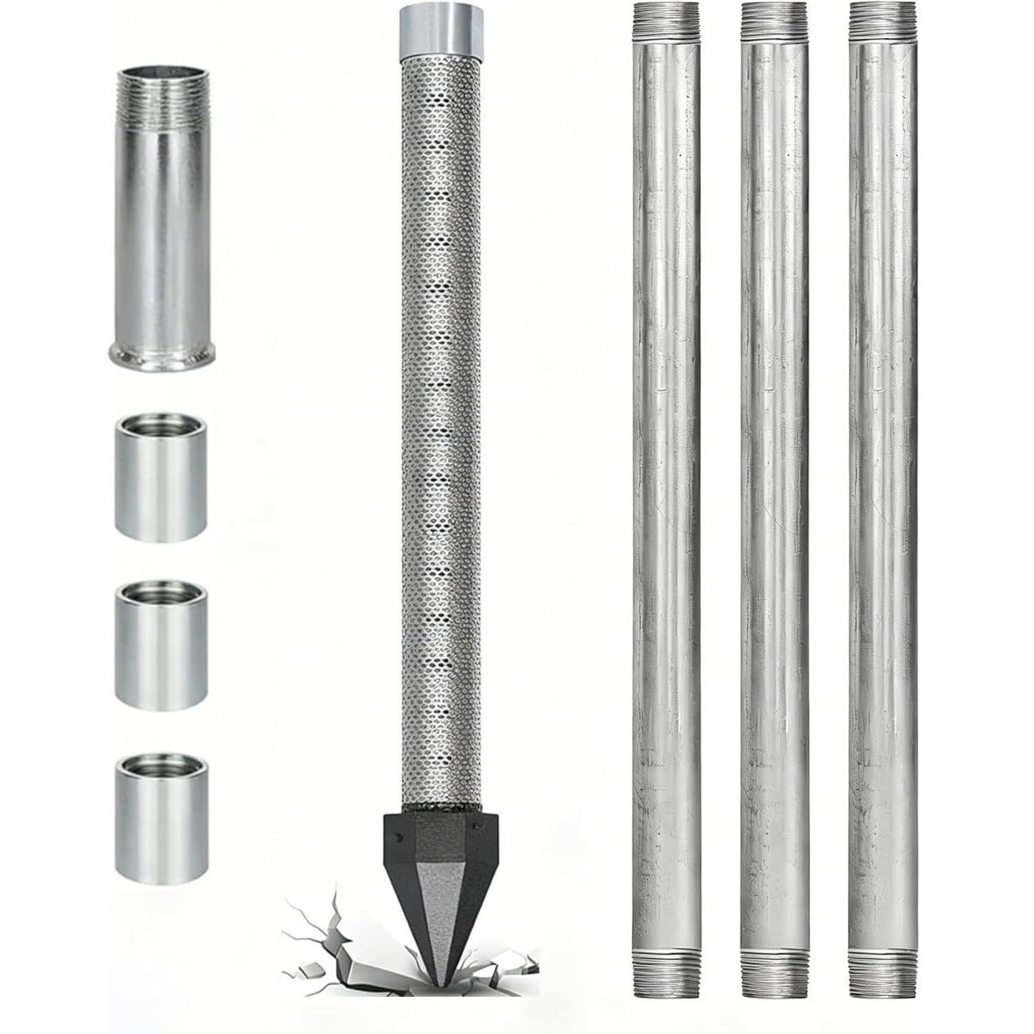 Kit de Perforación de Pozo 1-1/4" NPT con Tubos Galvanizados 4M | La malla con triple fijación ayuda a reducir arena y sedimentos gruesos, favoreciendo un caudal más estable para el riego.