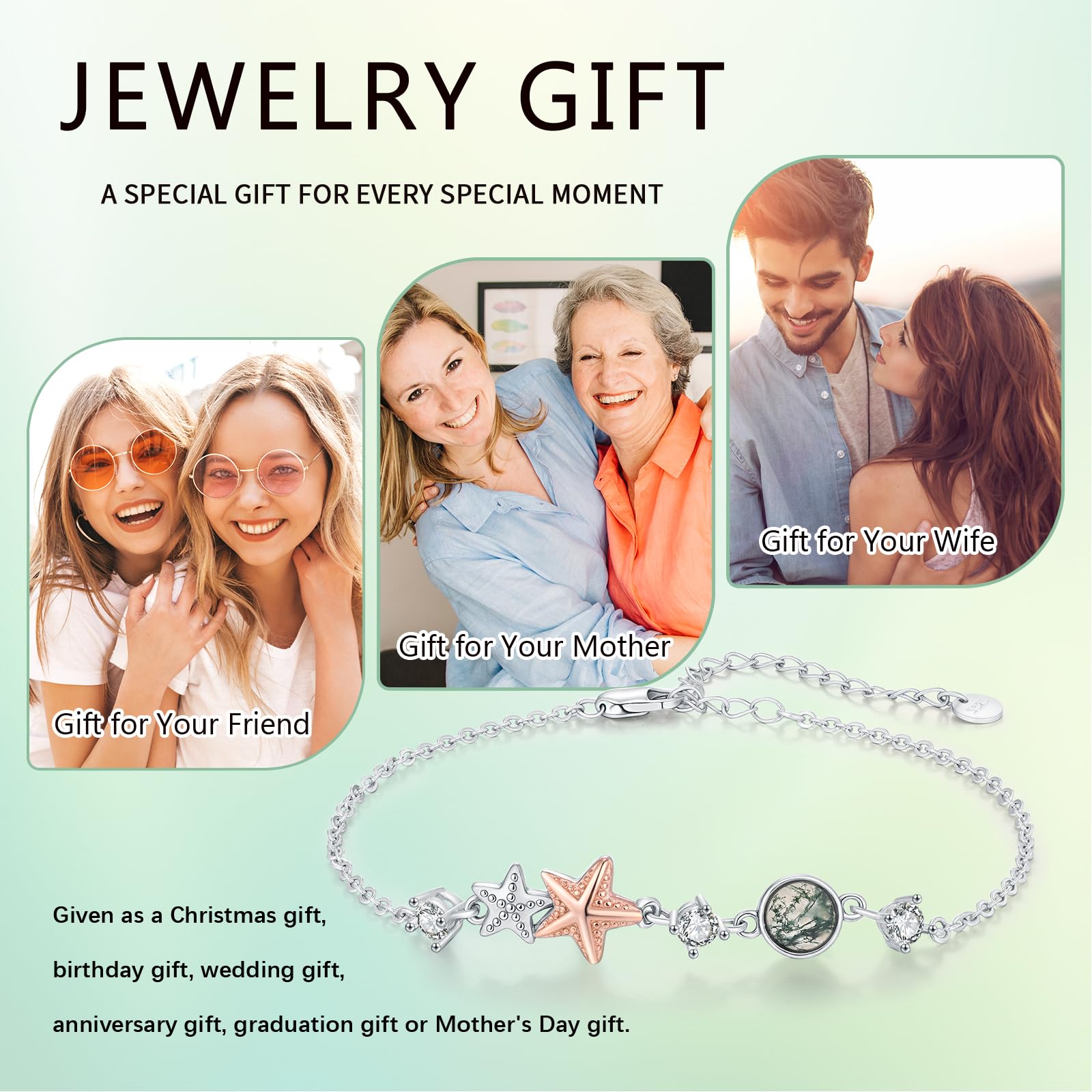 Cavigliera in argento sterling 925 con stelle marine, con agata muschiata, stelle marine, mare, oceano, gioielli estivi per donne