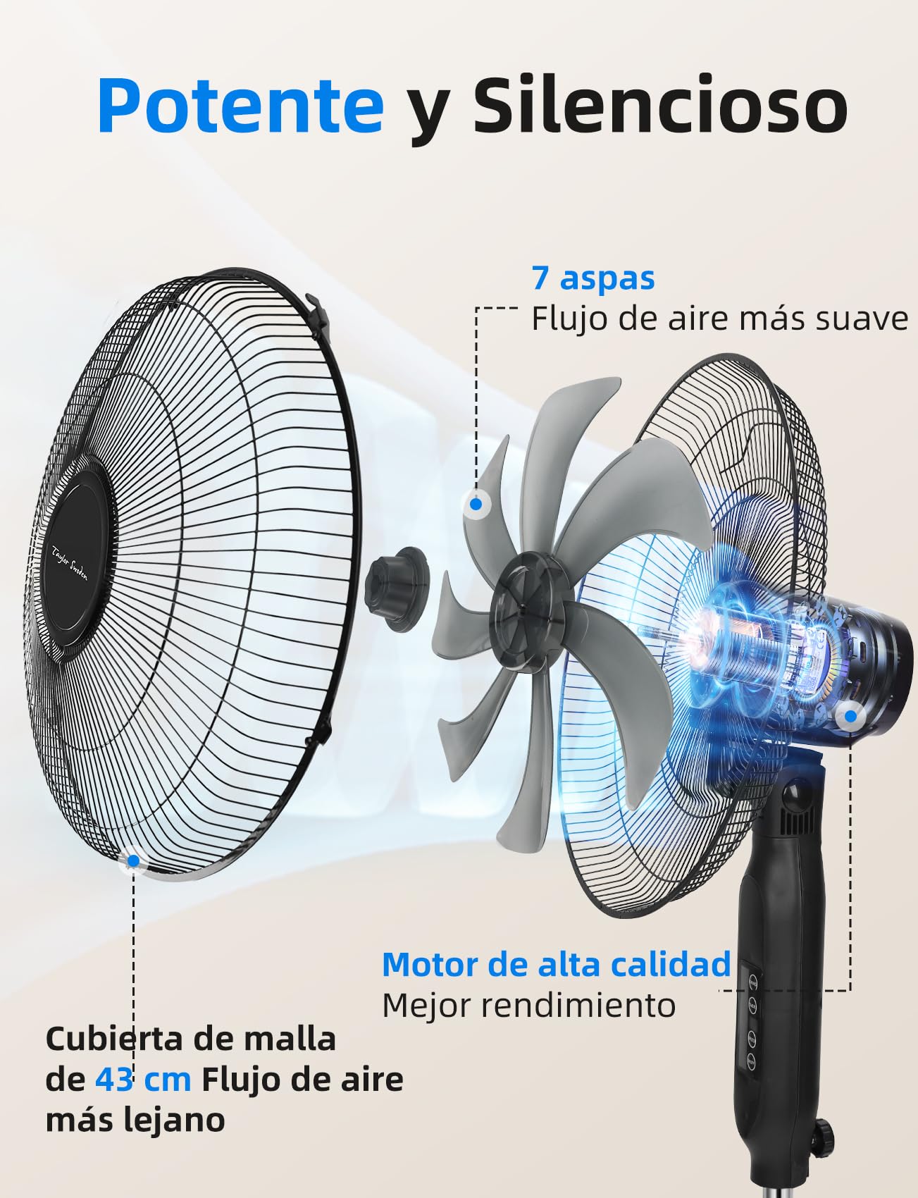 Taylor Swoden Ventilador de pie con Mando, 7 Aspas. Potente y Silencioso, pantalla LED, temporizador 9H, 3 velocidades y 3 modos (Normal/Natural/Sleep), Oscilación de 70°, altura regulable, Ø 43 cm