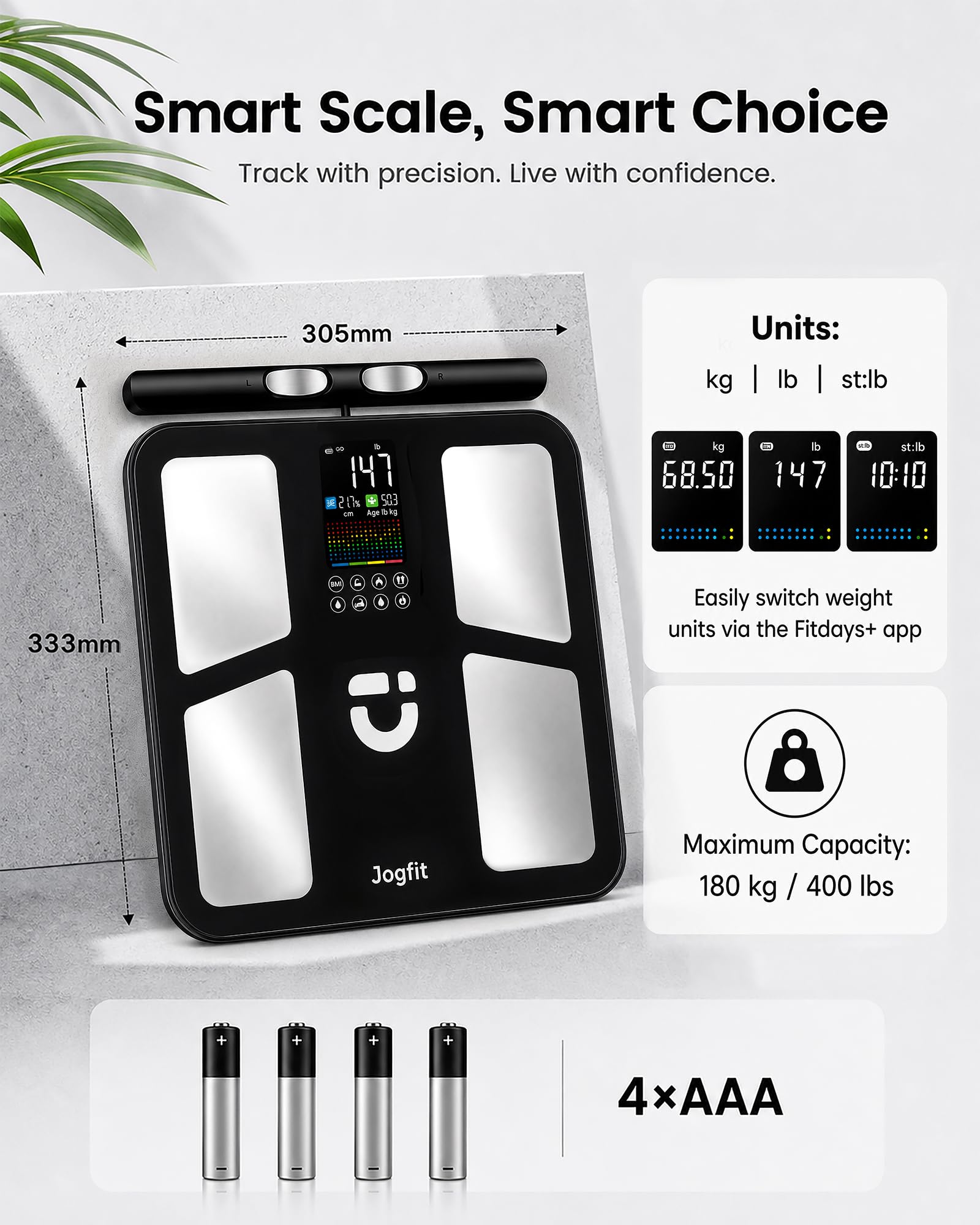 Bilancia intelligente per peso corporeo a 8 elettrodi a doppia frequenza BIA Bilancia digitale da bagno con analisi completa della composizione corporea, BMI, grasso corporeo, massa muscolare