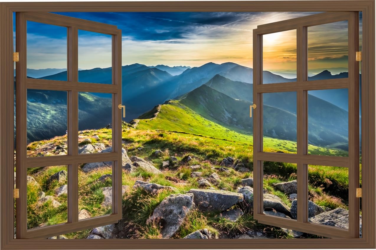 Wandtattoo - Wanddeko - Selbstklebende Folie - Fototapete - Wandsticker - Fototapete 3d Effekt - Selbstklebende Tapete - Fenster & Berg Motiv - Berge, Sonnenuntergang - 150x100cm