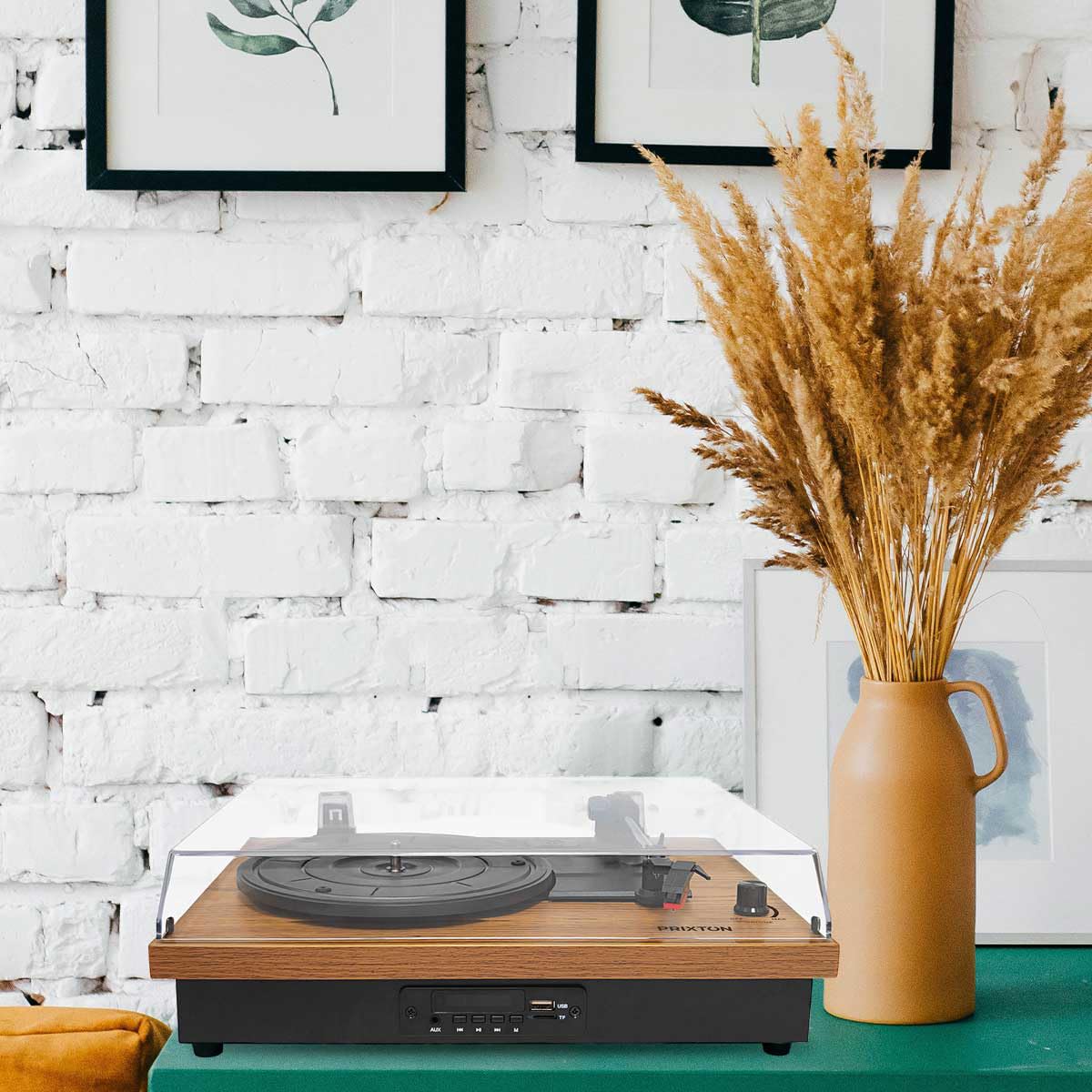 PRIXTON Studio - Tourne Disque Vinyle Vintage - Lecteur De Vinyle Et De Musique Via Bluetooth Usb Carte Sd Et Radio 2 Haut Parleurs Integres Housse Anti Poussiere Design En Grain De Bois