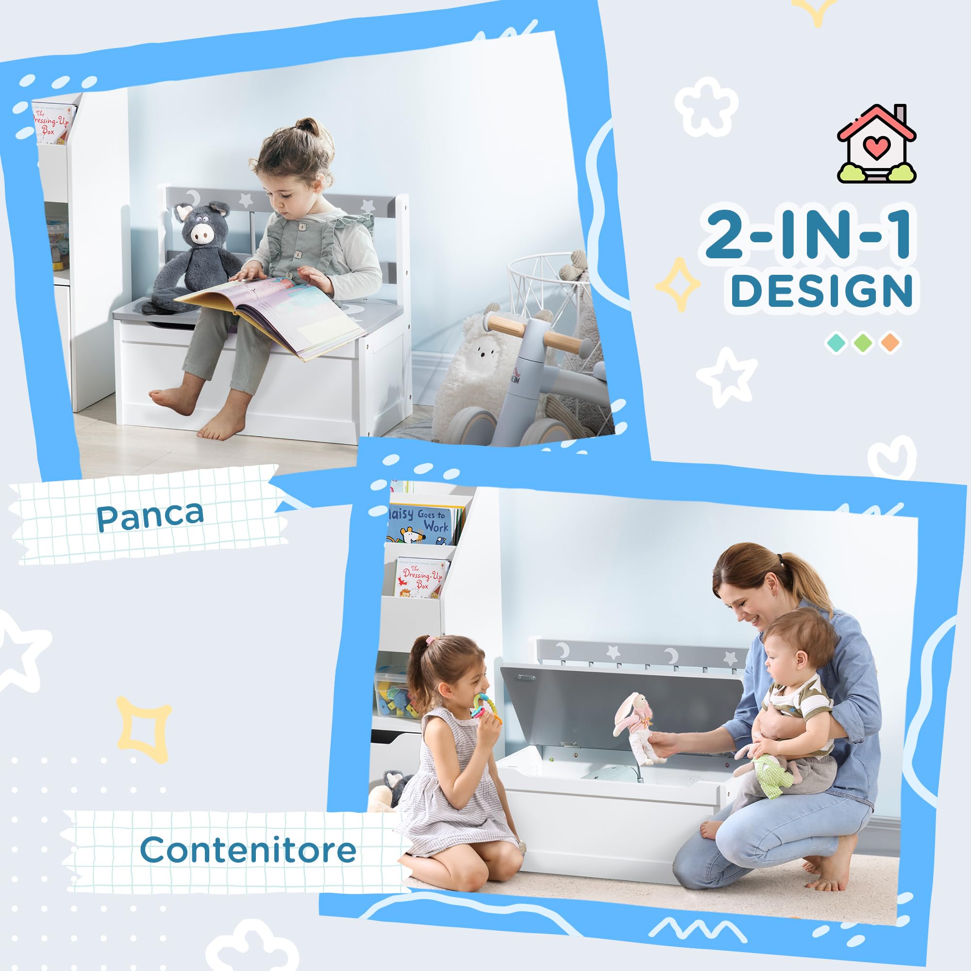 ZONEKIZ Set per Bambini 3-6 Anni con Lettino 143x76x49 cm, Mobile Portagiochi 63x30x60 cm e Cassapanca 60x30x50 cm, Grigio