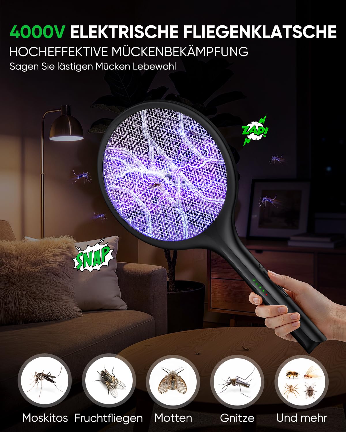 VIWAVE Elektrische Fliegenklatsche Extra Stark 4000V, 2-in-1 Elektrische Mückenklatsche mit UV-Licht & Standfuß, 1800mAh Akku Wiederaufladbar USB-C, 3-lagiges Sicherheitsnetz, Schwarz