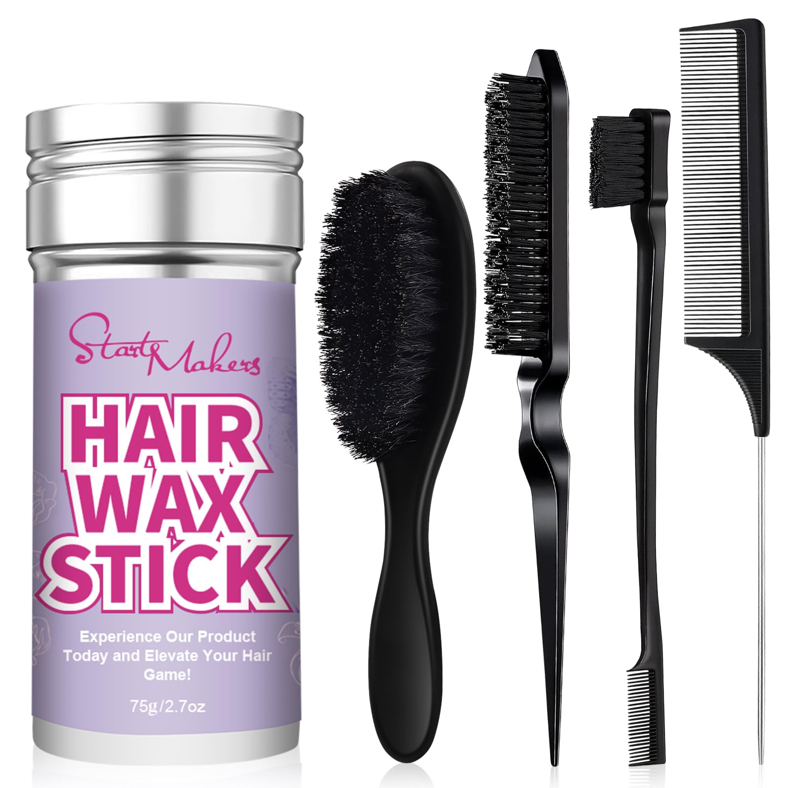 START MAKERS Hair Wax Stick and Slick Back Hair Brush Set for Women Kids Men, with Edge Brush, Teasing Brush, Rat Tail Comb & Mini Boar Bristle Brush for Flyaways, Control, Sleek, Ponytail & Buns, 5PCS Hair Styling Accessories for Smoothing Sectioning Parting