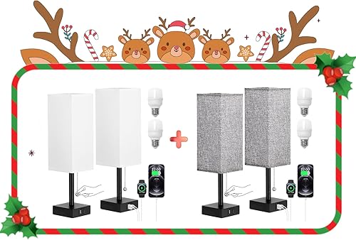 Juego de 2 lámparas de mesita de noche, lámparas de dormitorio blancas + grises con 3 temperaturas de color (3000 K5000 K4000 K), dos lámparas