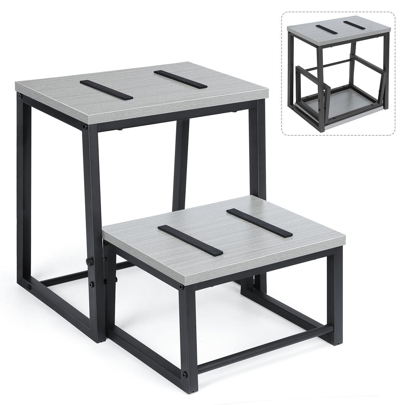 LIANTRAL Step Stool for Adults and Children, 2 Step Stool, Steel and Sturdy Wooden Stool, Load Capacity up to 200 kg, Step Stool for Bed, Kitchen, Bathroom (Grey)